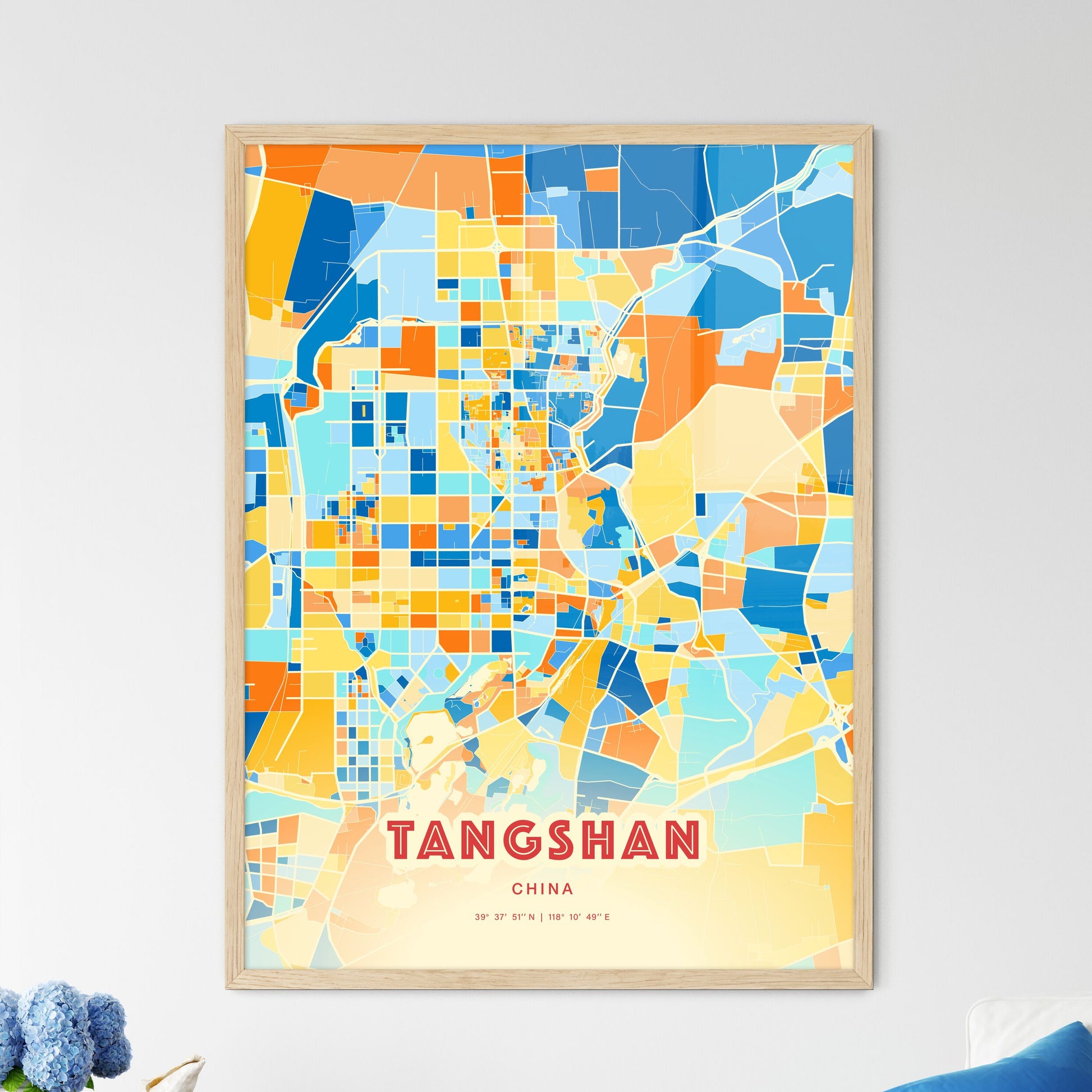 Colorful TANGSHAN CHINA Fine Art Map Blue Orange