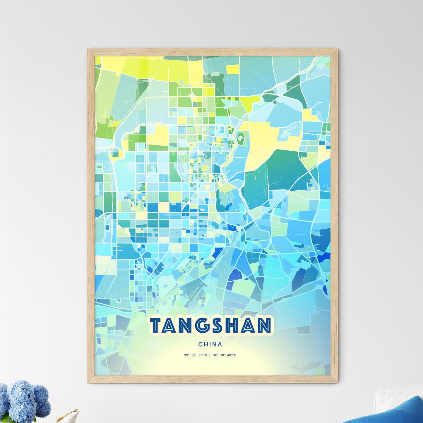 Colorful TANGSHAN CHINA Fine Art Map Cool Blue