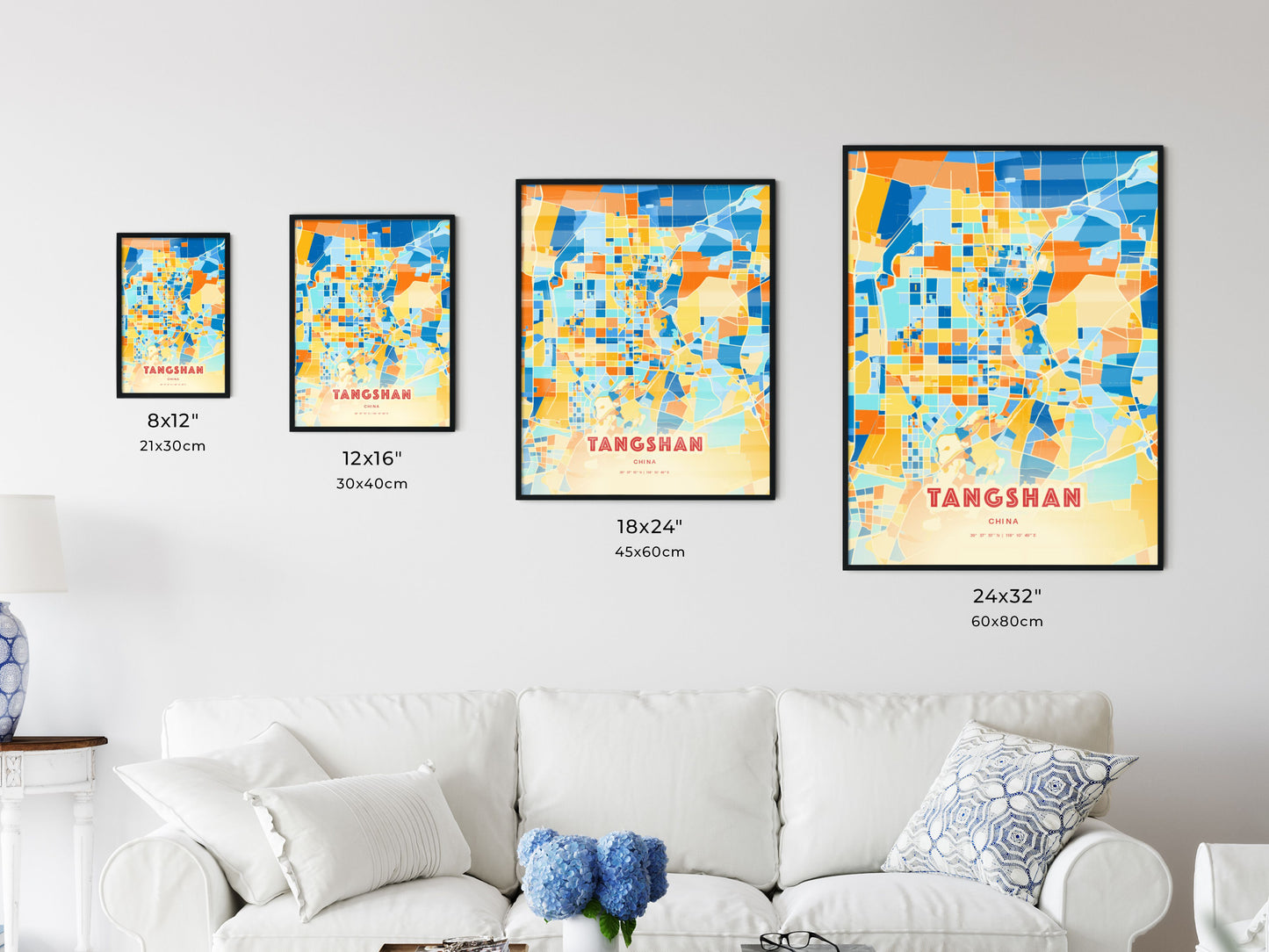 Colorful TANGSHAN CHINA Fine Art Map Blue Orange