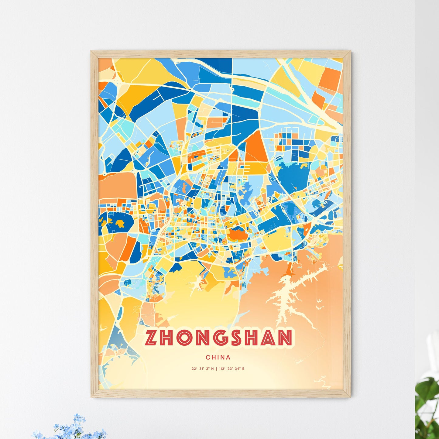 Colorful ZHONGSHAN CHINA Fine Art Map Blue Orange