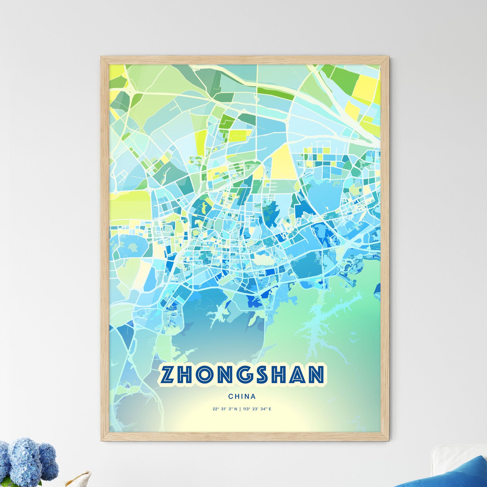 Colorful ZHONGSHAN CHINA Fine Art Map Cool Blue