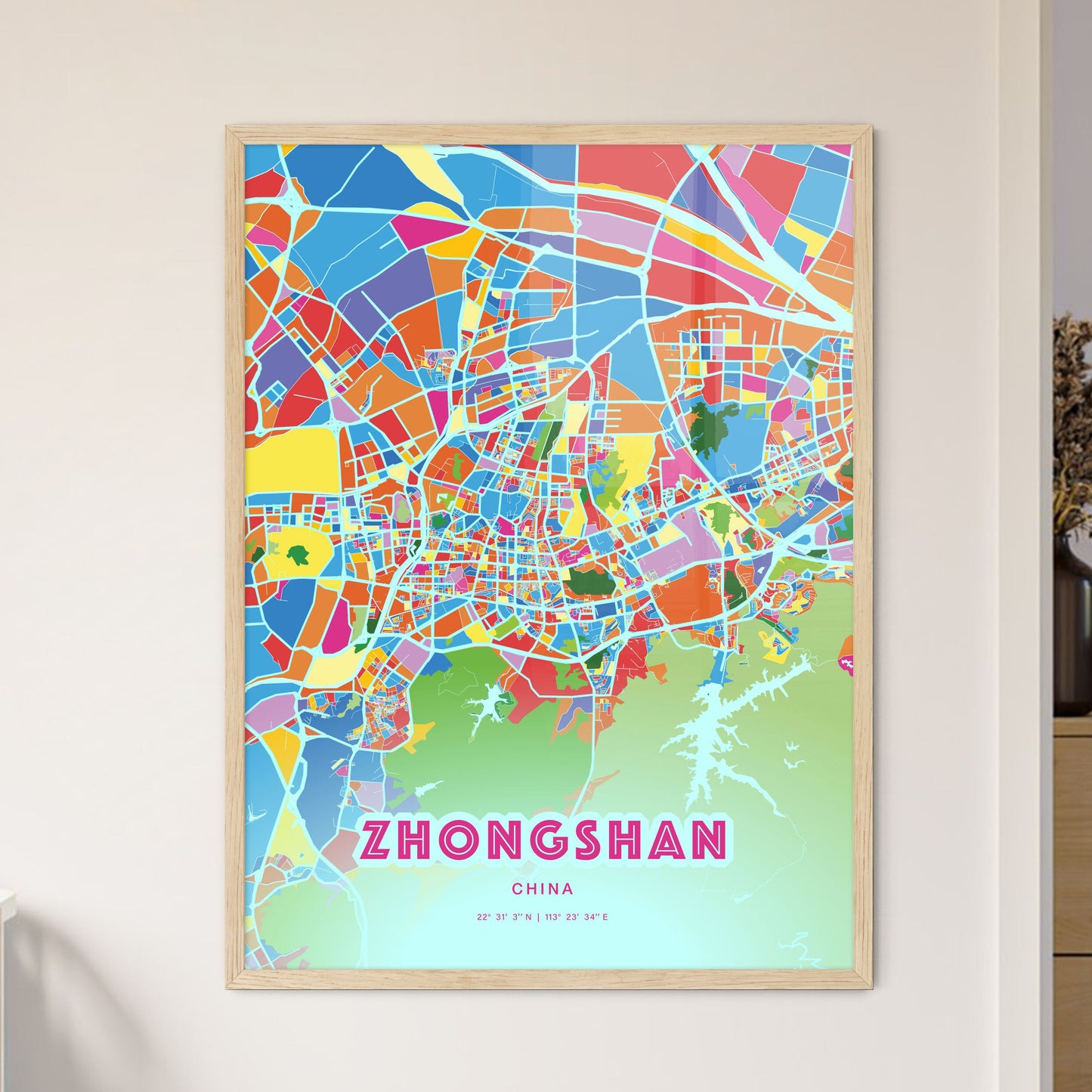 Colorful ZHONGSHAN CHINA Fine Art Map Crazy Colors