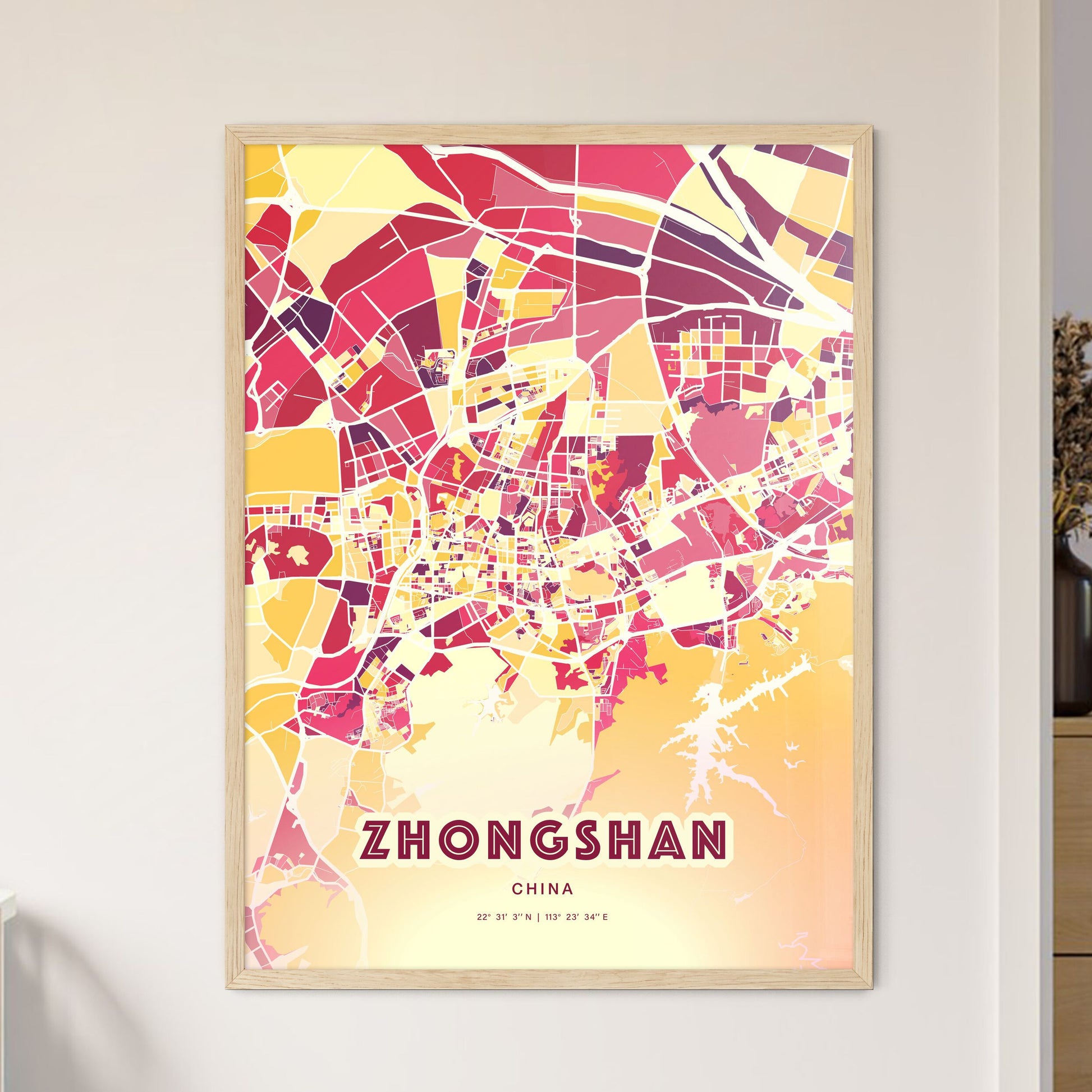 Colorful ZHONGSHAN CHINA Fine Art Map Hot Red