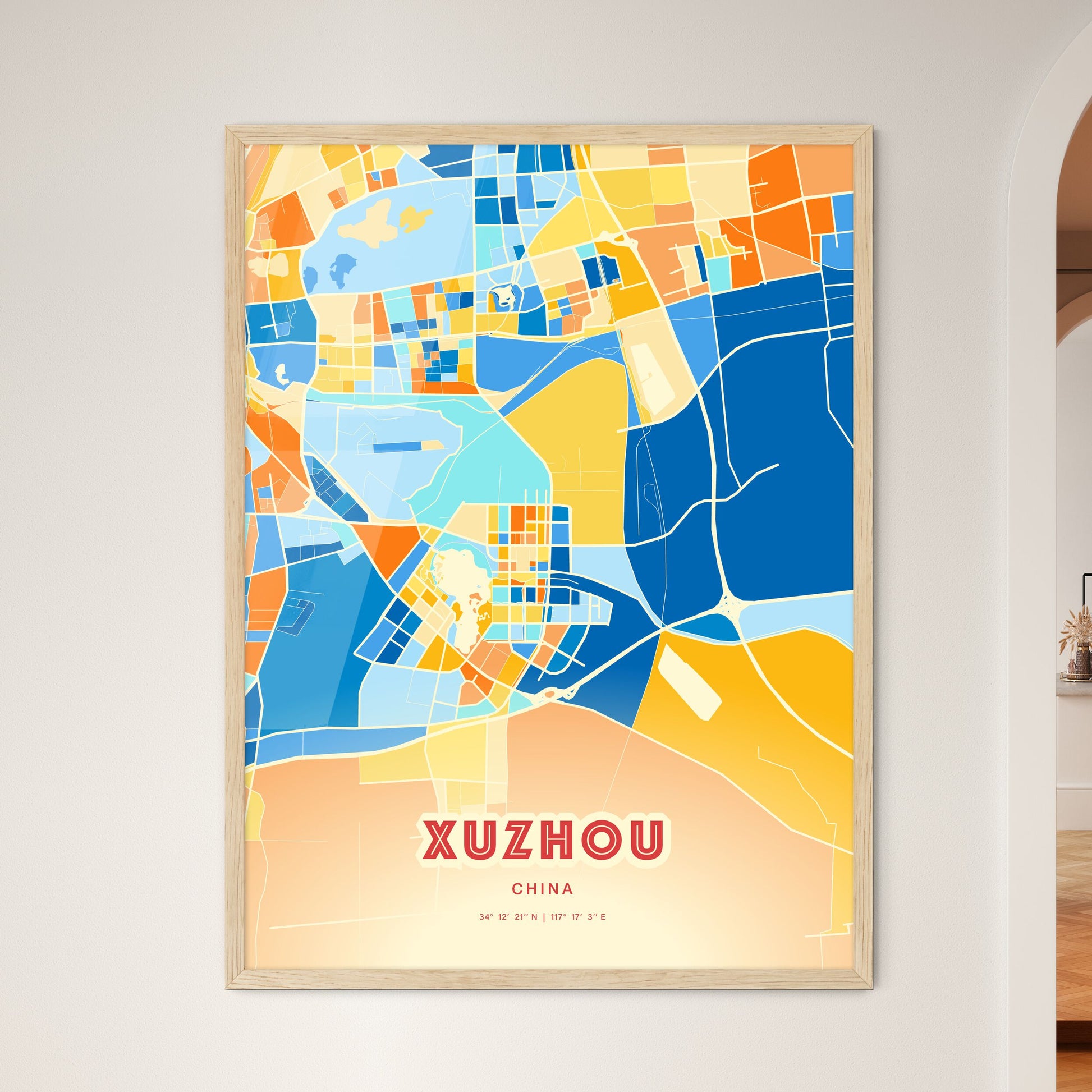 Colorful XUZHOU CHINA Fine Art Map Blue Orange