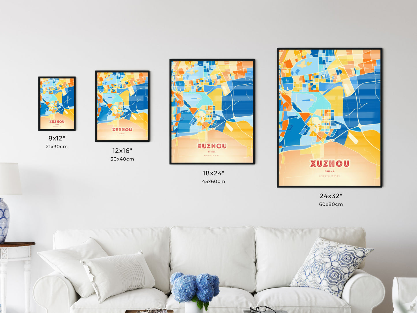 Colorful XUZHOU CHINA Fine Art Map Blue Orange