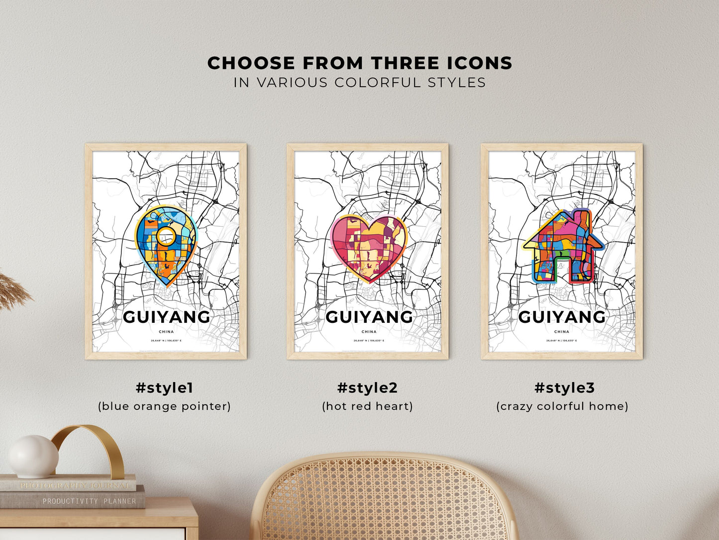 GUIYANG CHINA minimal art map with a colorful icon. Where it all began, Couple map gift.