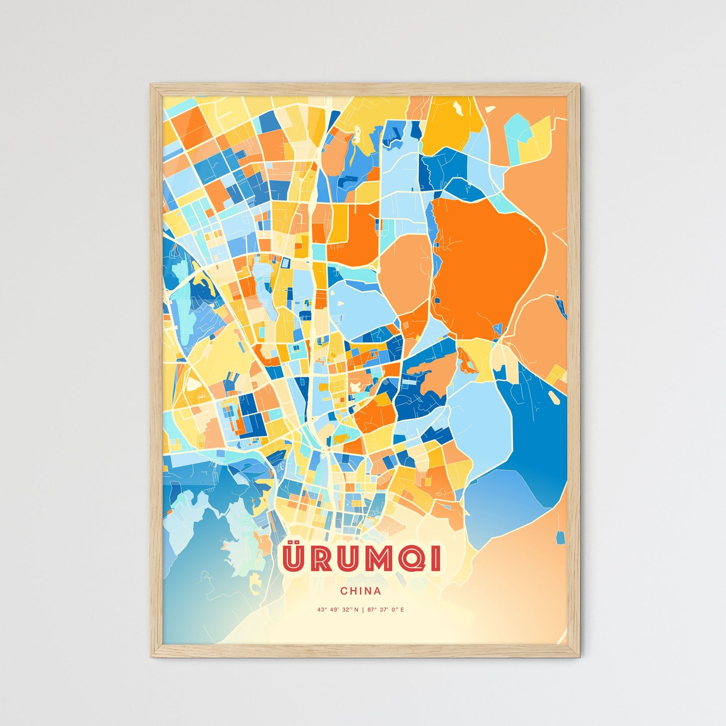 Colorful ÜRUMQI CHINA Fine Art Map Blue Orange