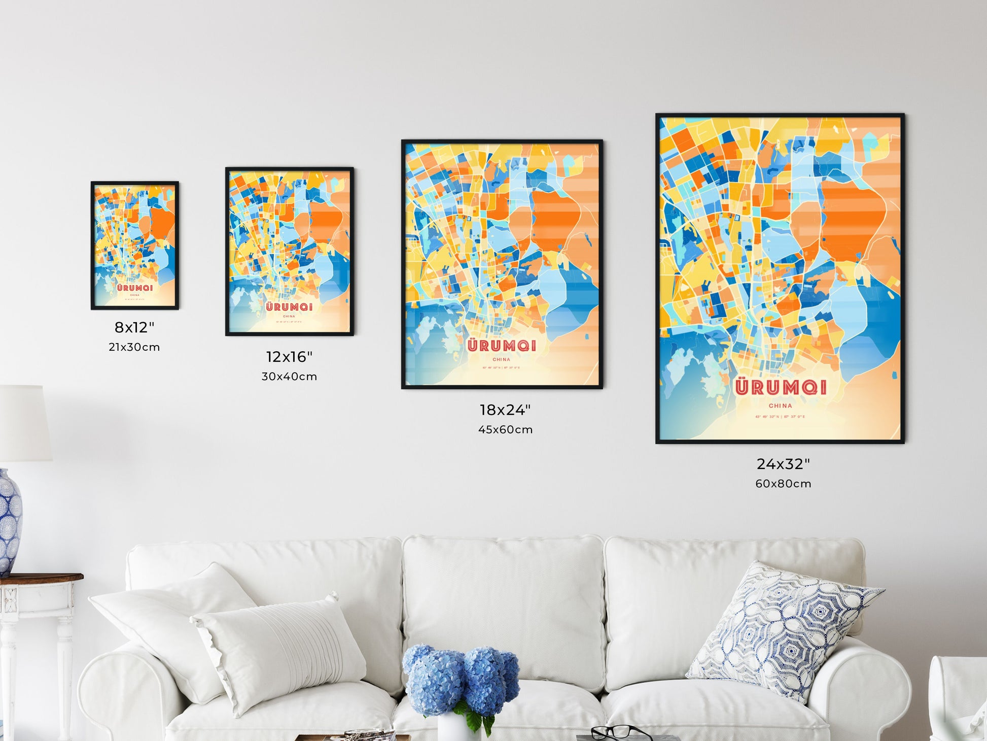 Colorful ÜRUMQI CHINA Fine Art Map Blue Orange