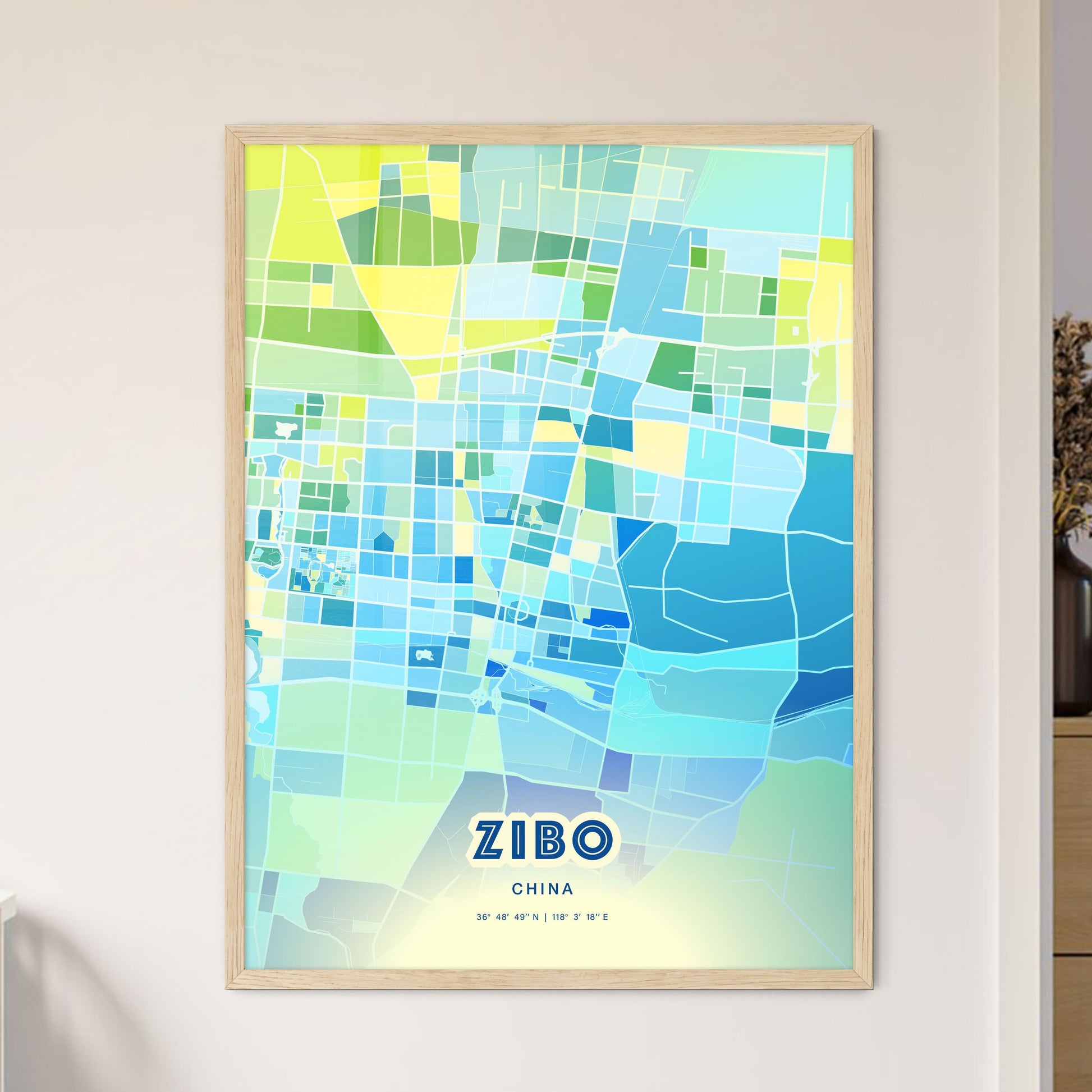 Colorful ZIBO CHINA Fine Art Map Cool Blue