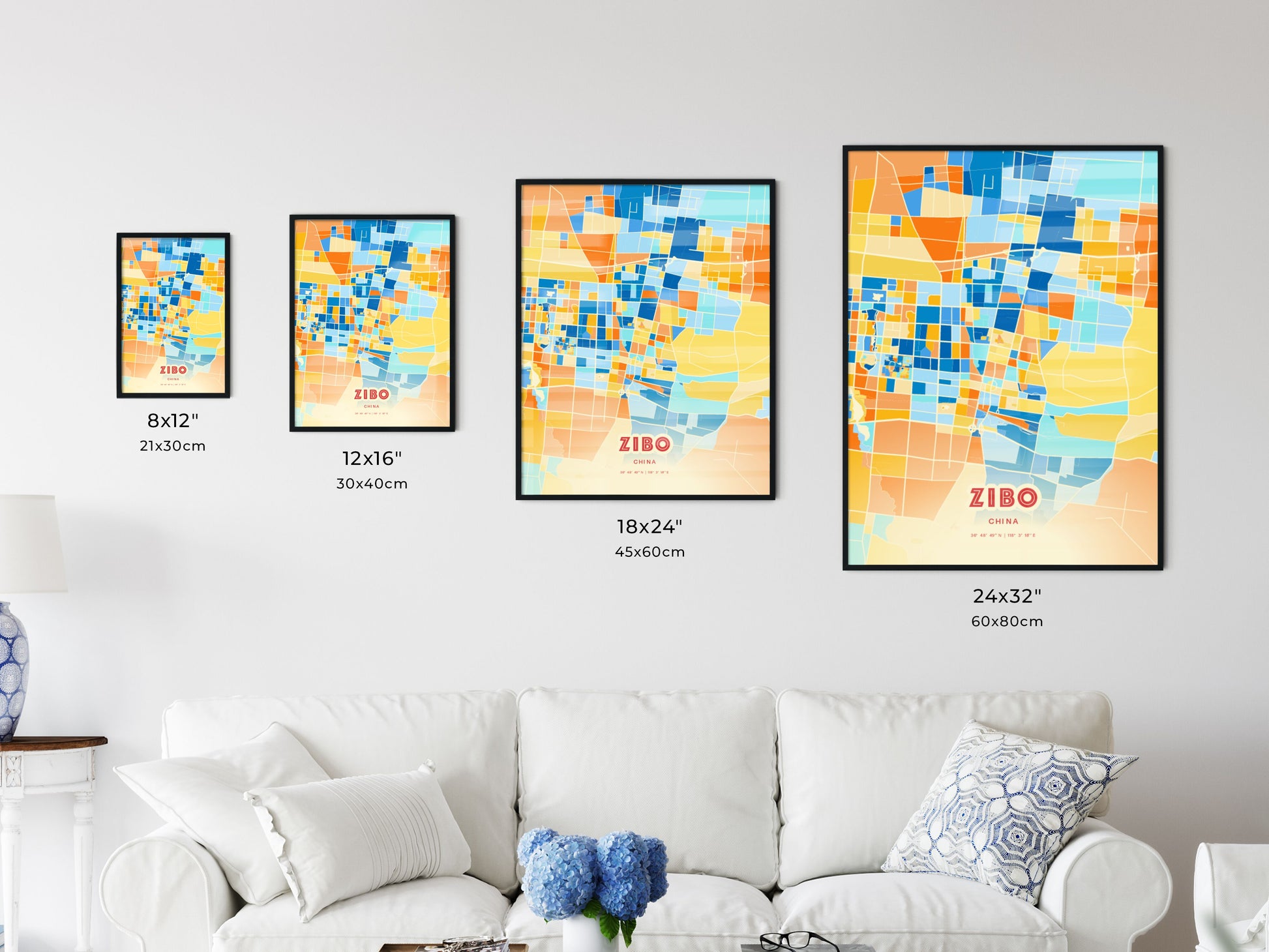 Colorful ZIBO CHINA Fine Art Map Blue Orange