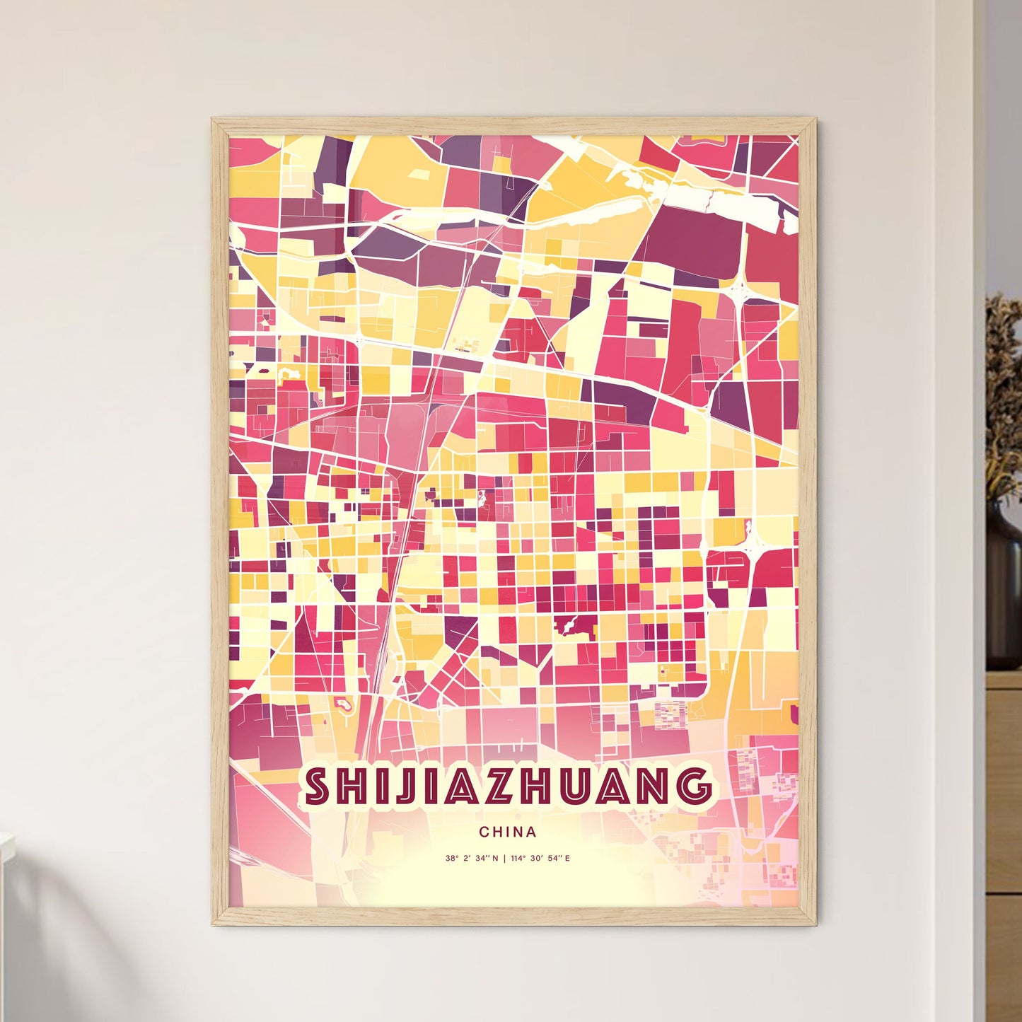 Colorful SHIJIAZHUANG CHINA Fine Art Map Hot Red