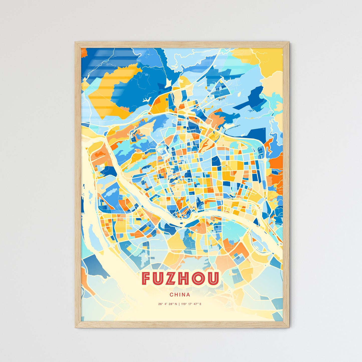 Colorful FUZHOU CHINA Fine Art Map Blue Orange