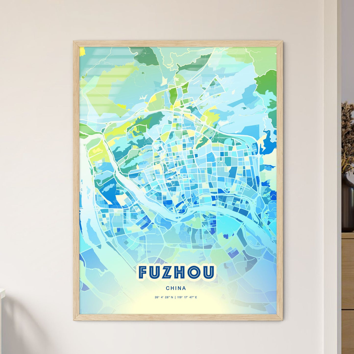 Colorful FUZHOU CHINA Fine Art Map Cool Blue