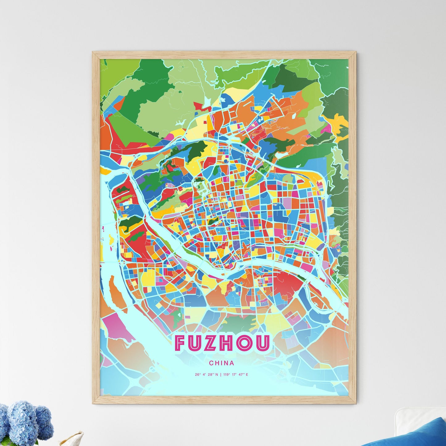 Colorful FUZHOU CHINA Fine Art Map Crazy Colors