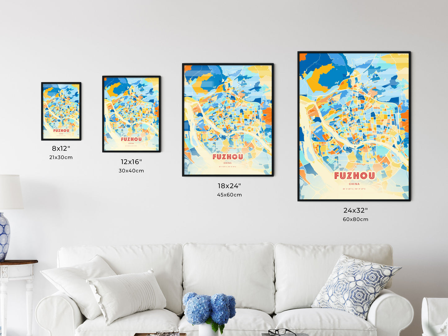 Colorful FUZHOU CHINA Fine Art Map Blue Orange