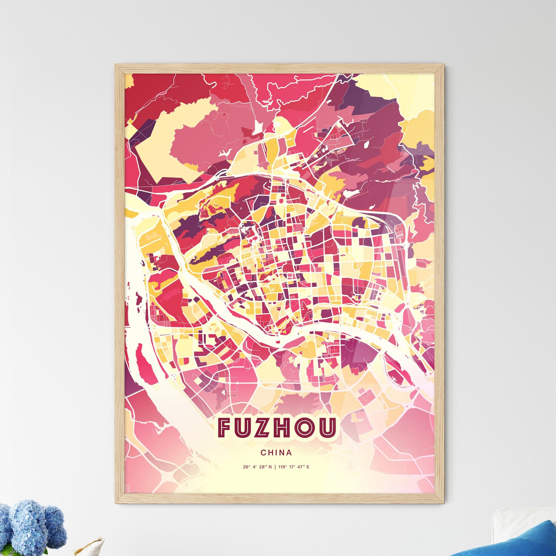 Colorful FUZHOU CHINA Fine Art Map Hot Red