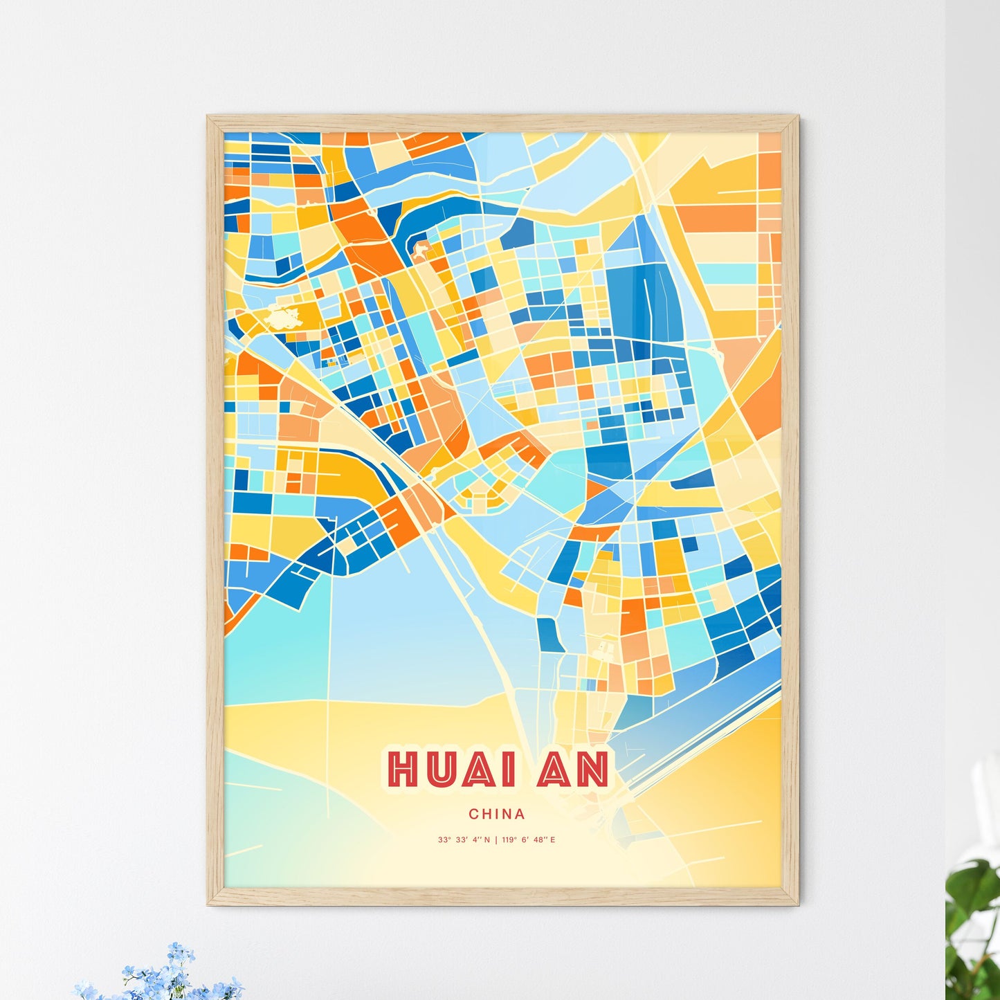 Colorful HUAI AN CHINA Fine Art Map Blue Orange