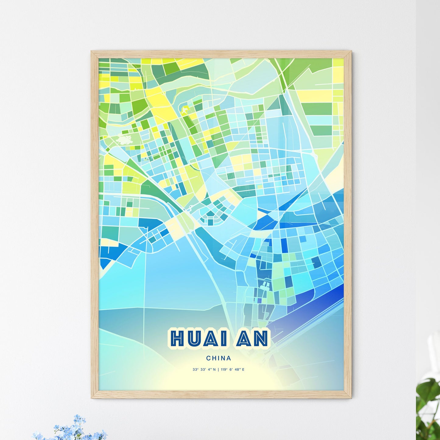 Colorful HUAI AN CHINA Fine Art Map Cool Blue