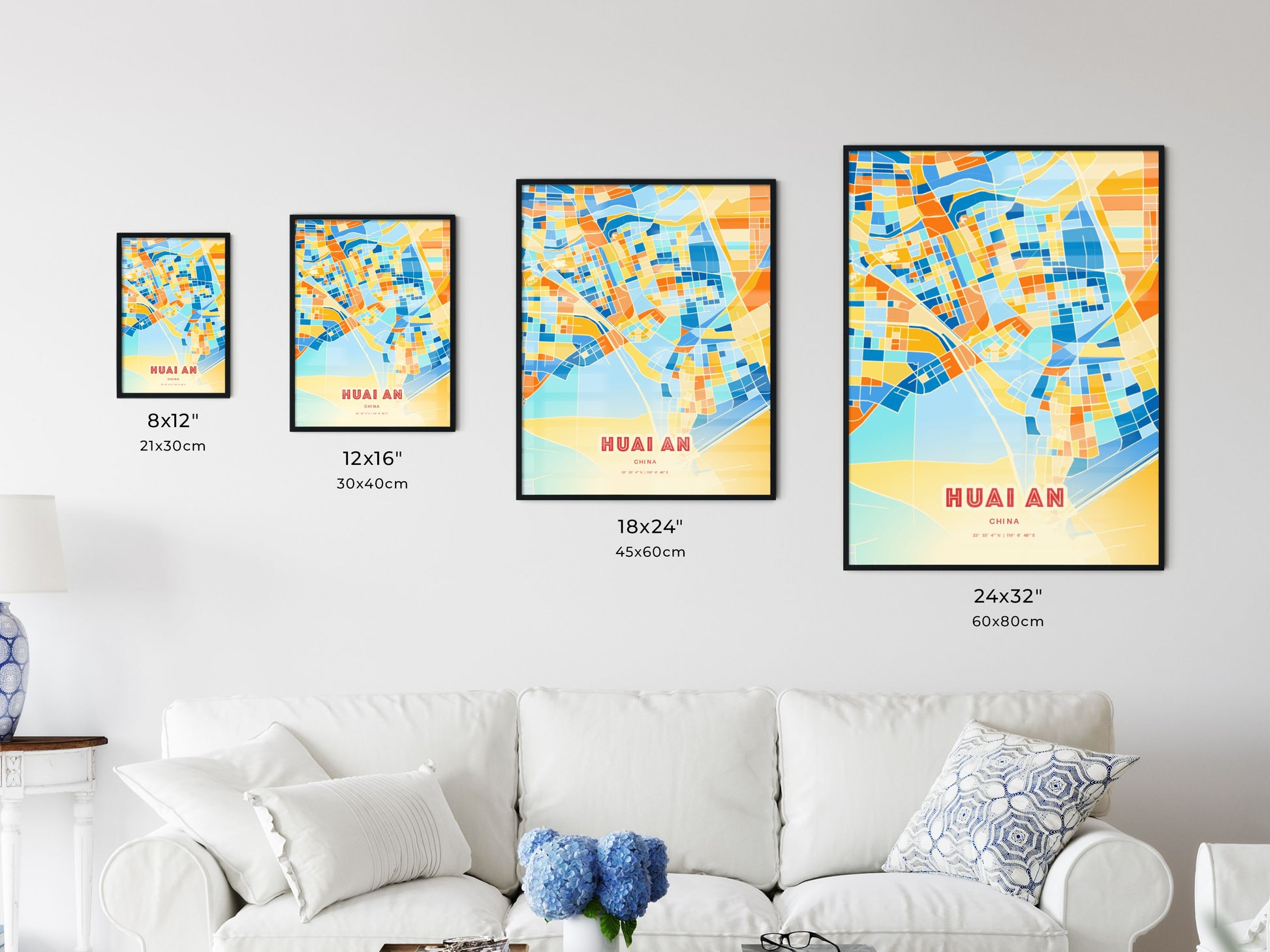 Colorful HUAI AN CHINA Fine Art Map Blue Orange