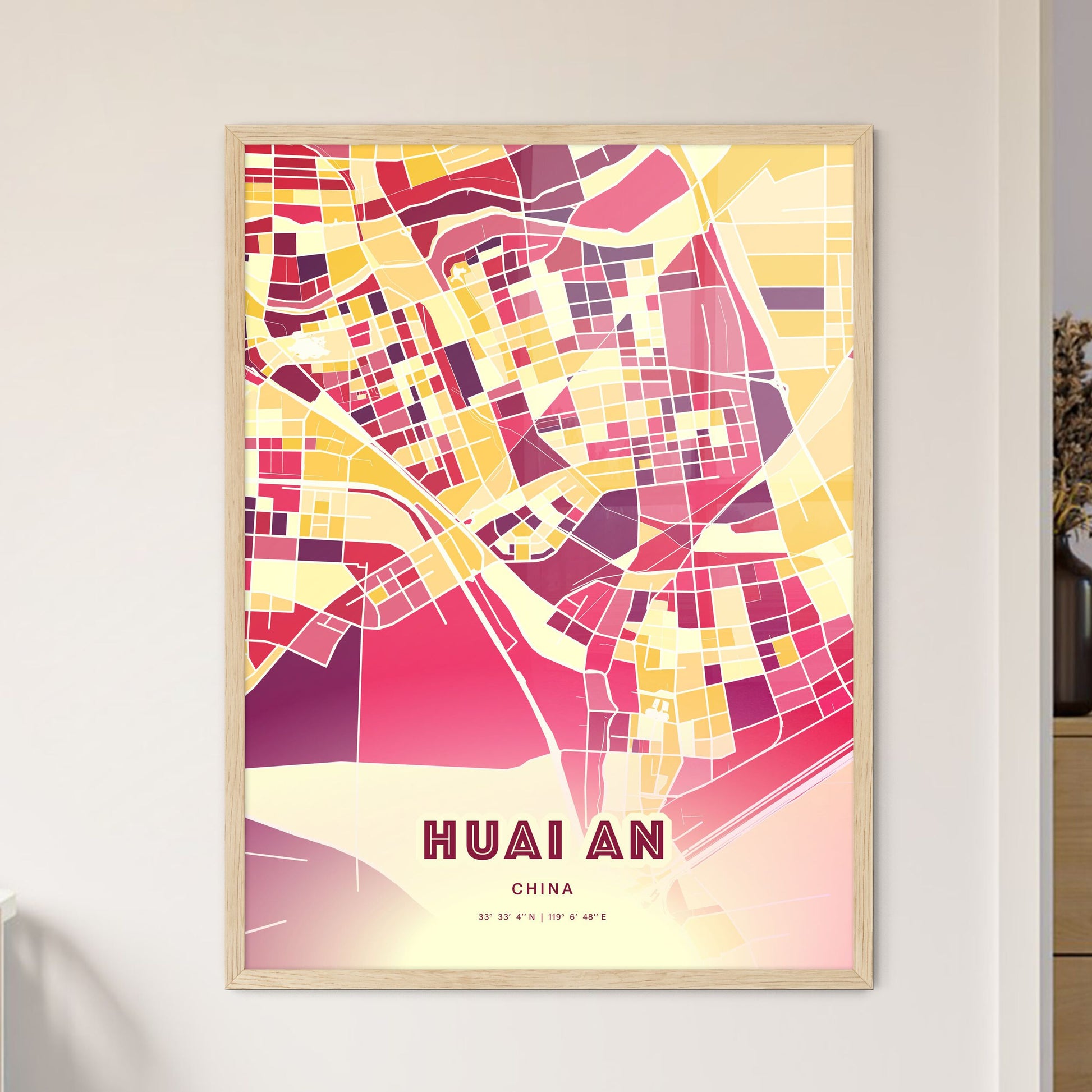 Colorful HUAI AN CHINA Fine Art Map Hot Red