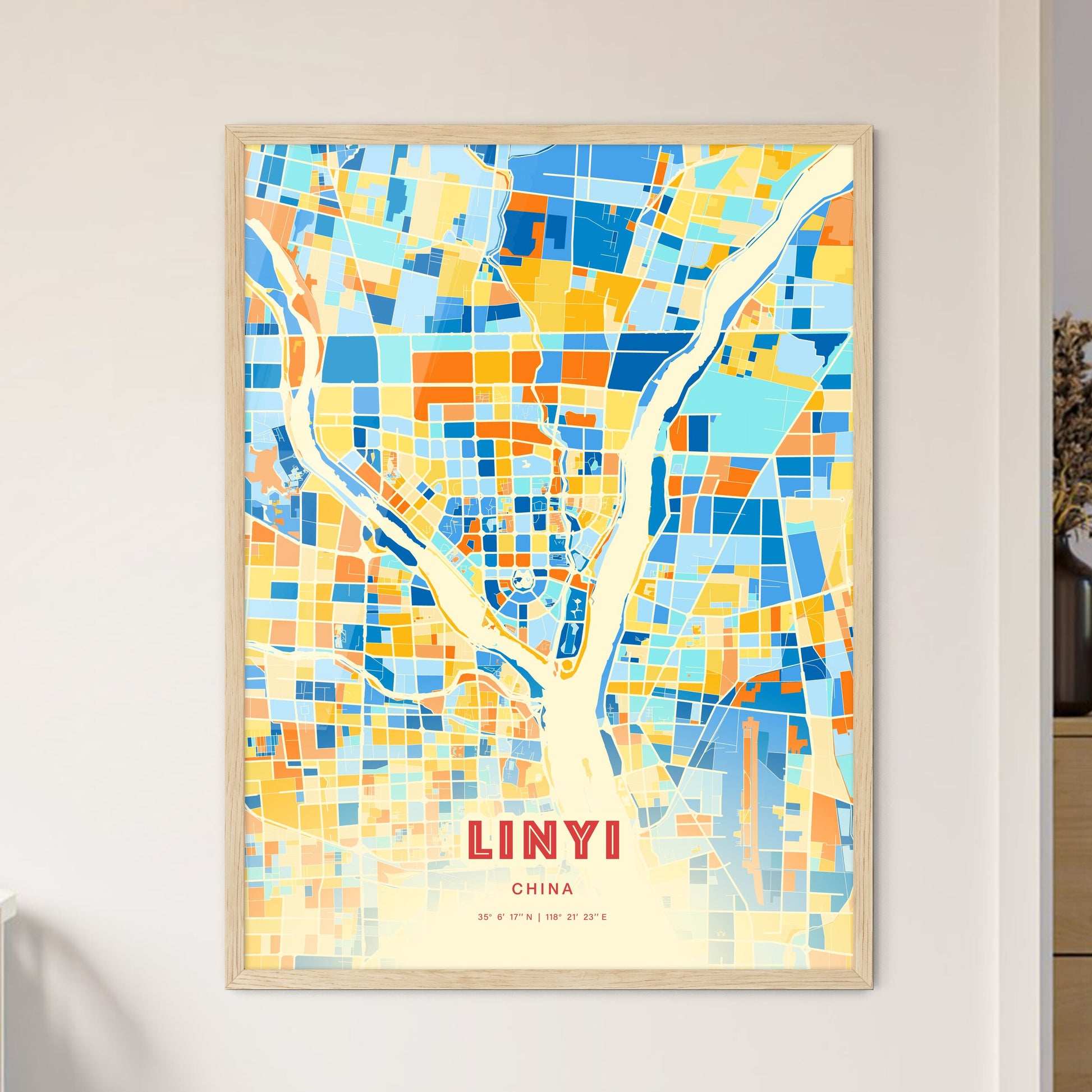 Colorful LINYI CHINA Fine Art Map Blue Orange