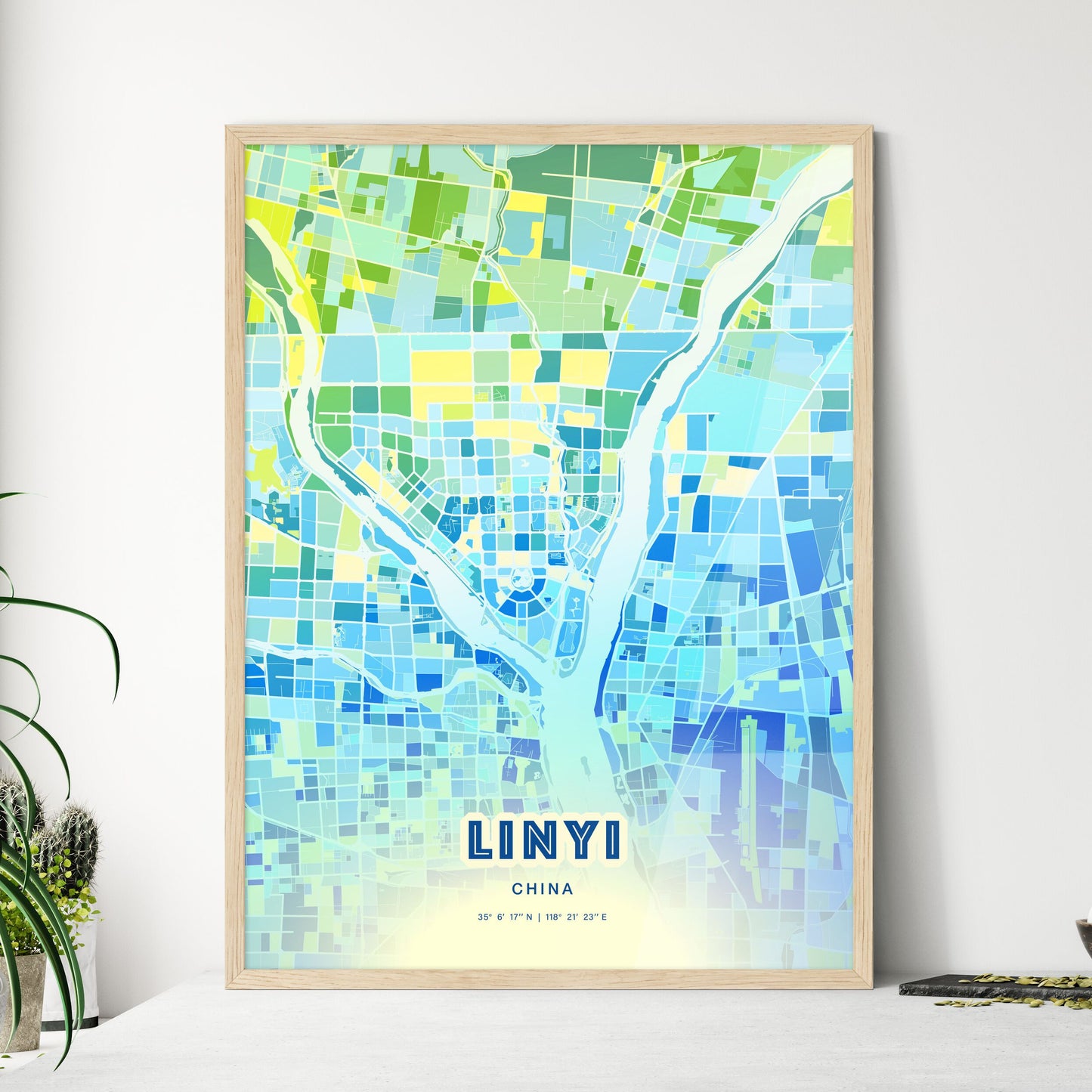 Colorful LINYI CHINA Fine Art Map Cool Blue