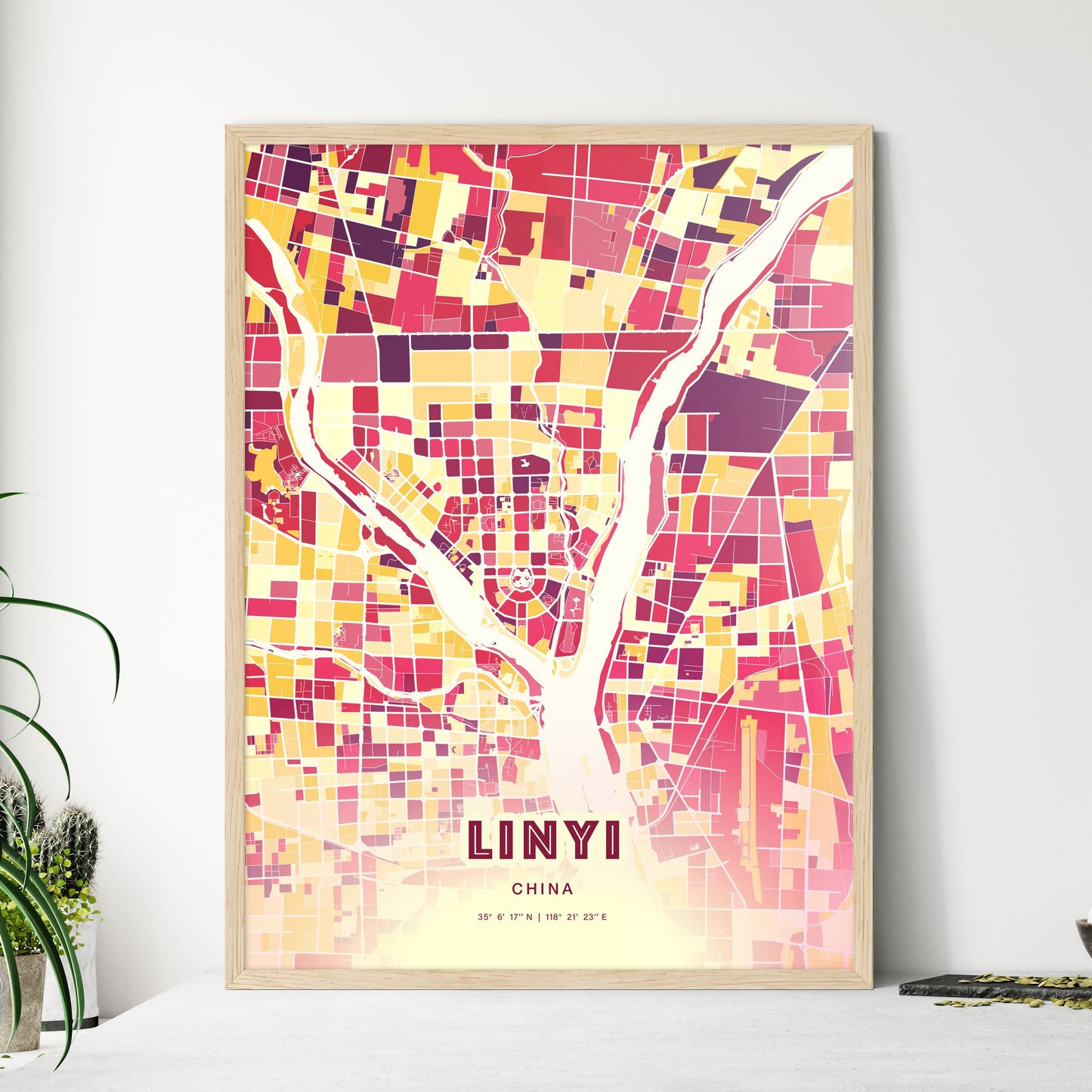 Colorful LINYI CHINA Fine Art Map Hot Red