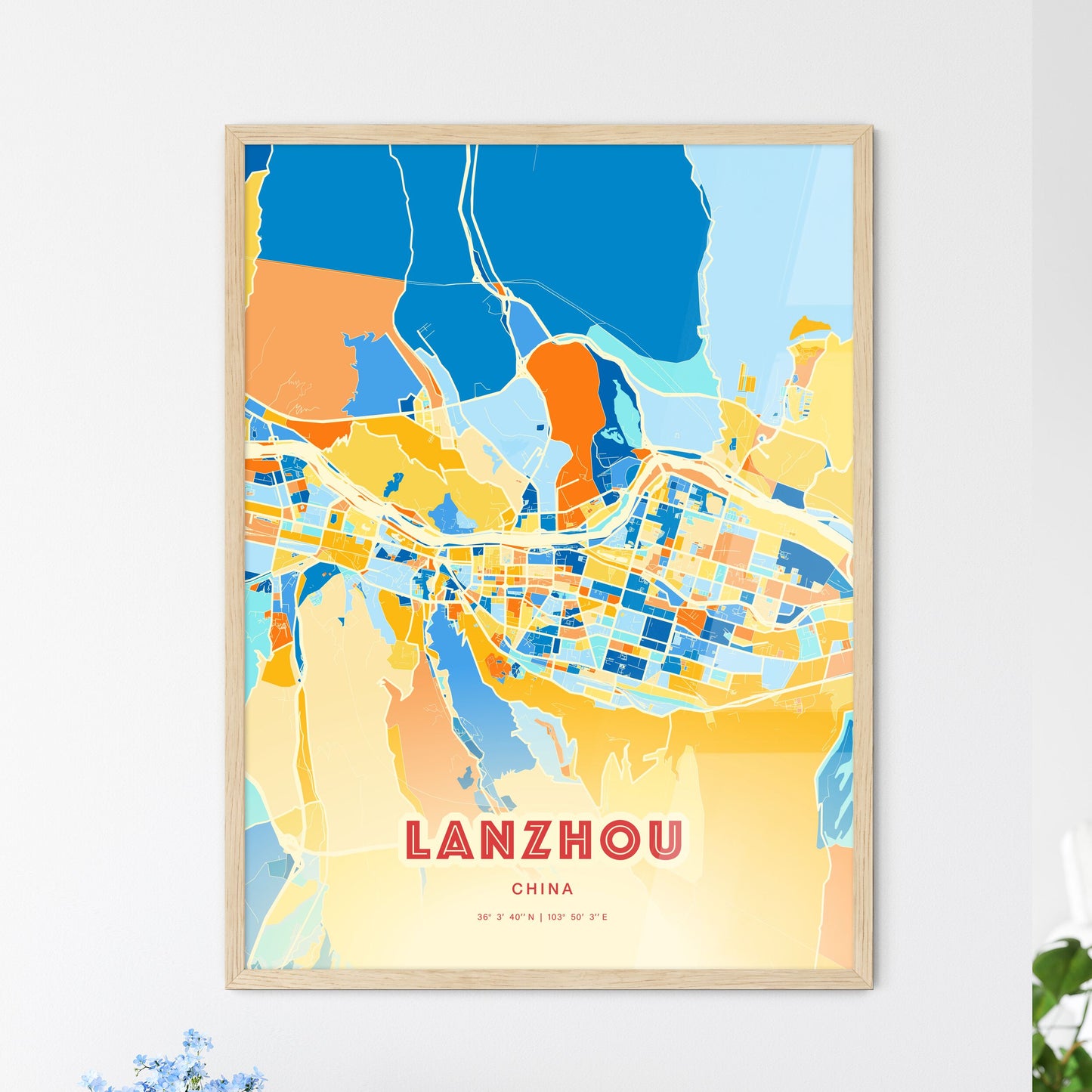 Colorful LANZHOU CHINA Fine Art Map Blue Orange