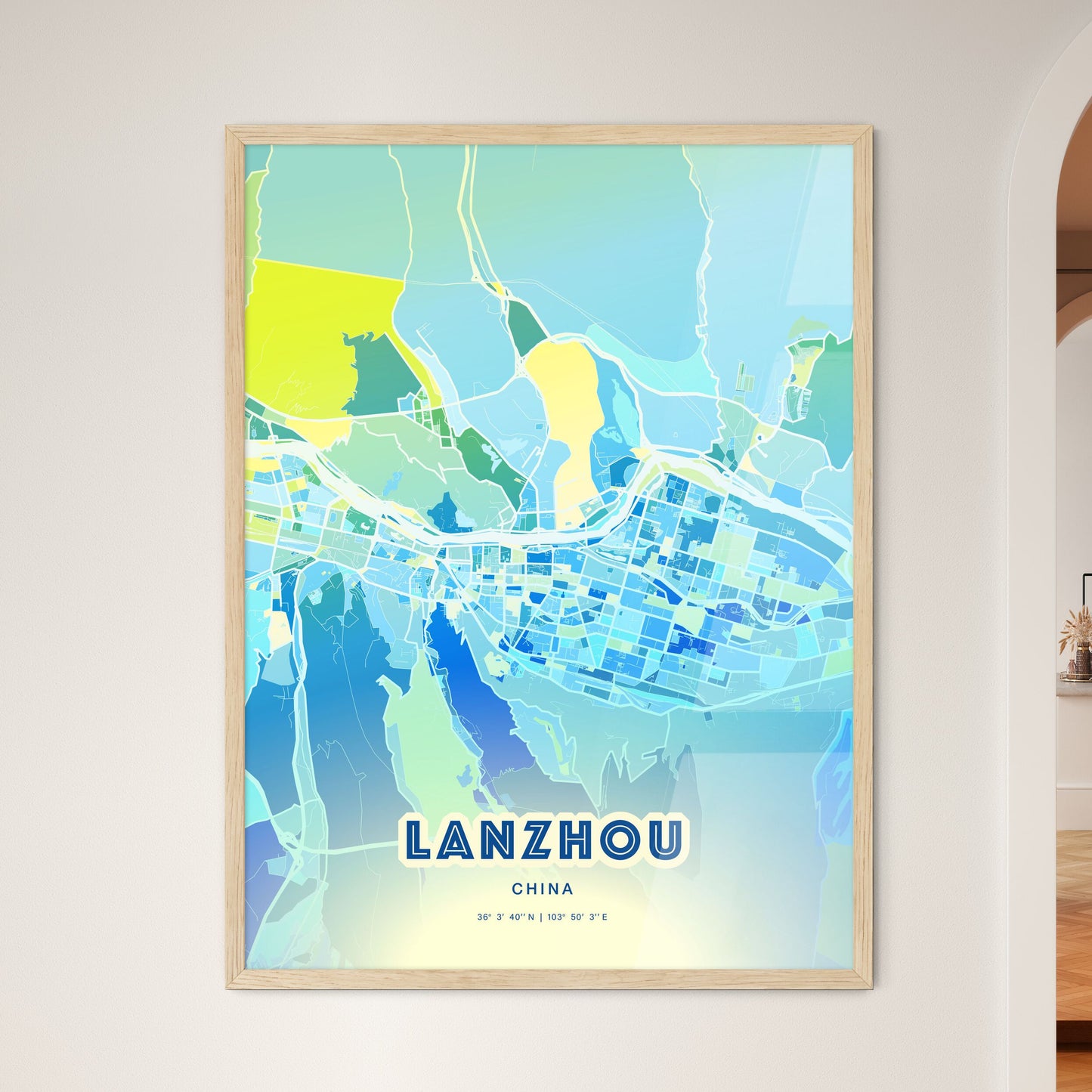 Colorful LANZHOU CHINA Fine Art Map Cool Blue