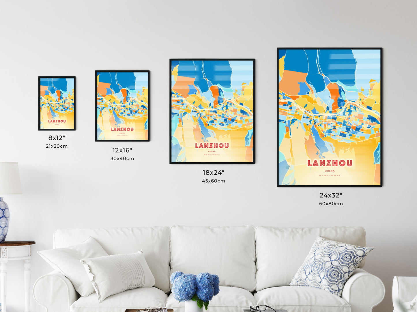 Colorful LANZHOU CHINA Fine Art Map Blue Orange