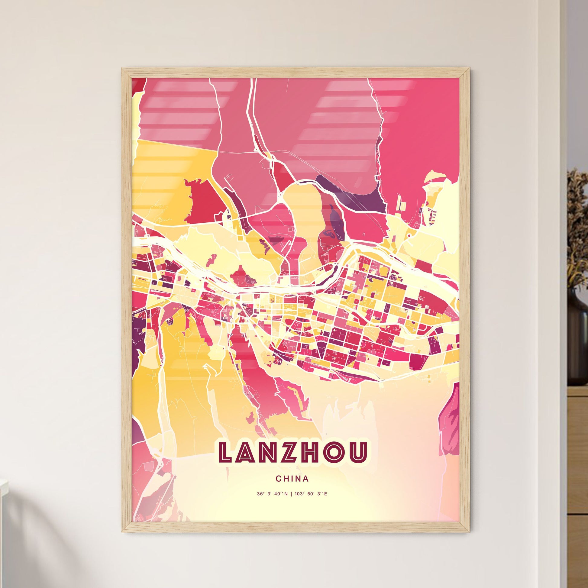 Colorful LANZHOU CHINA Fine Art Map Hot Red