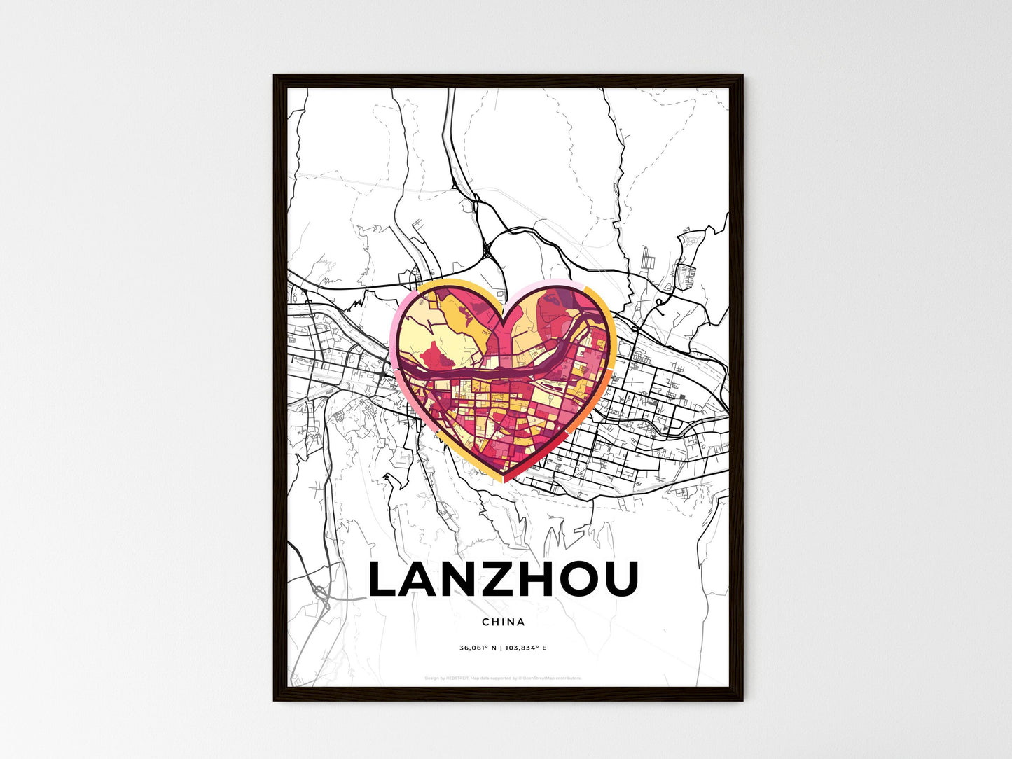 Lanzhou China wedding art map with heart icon
