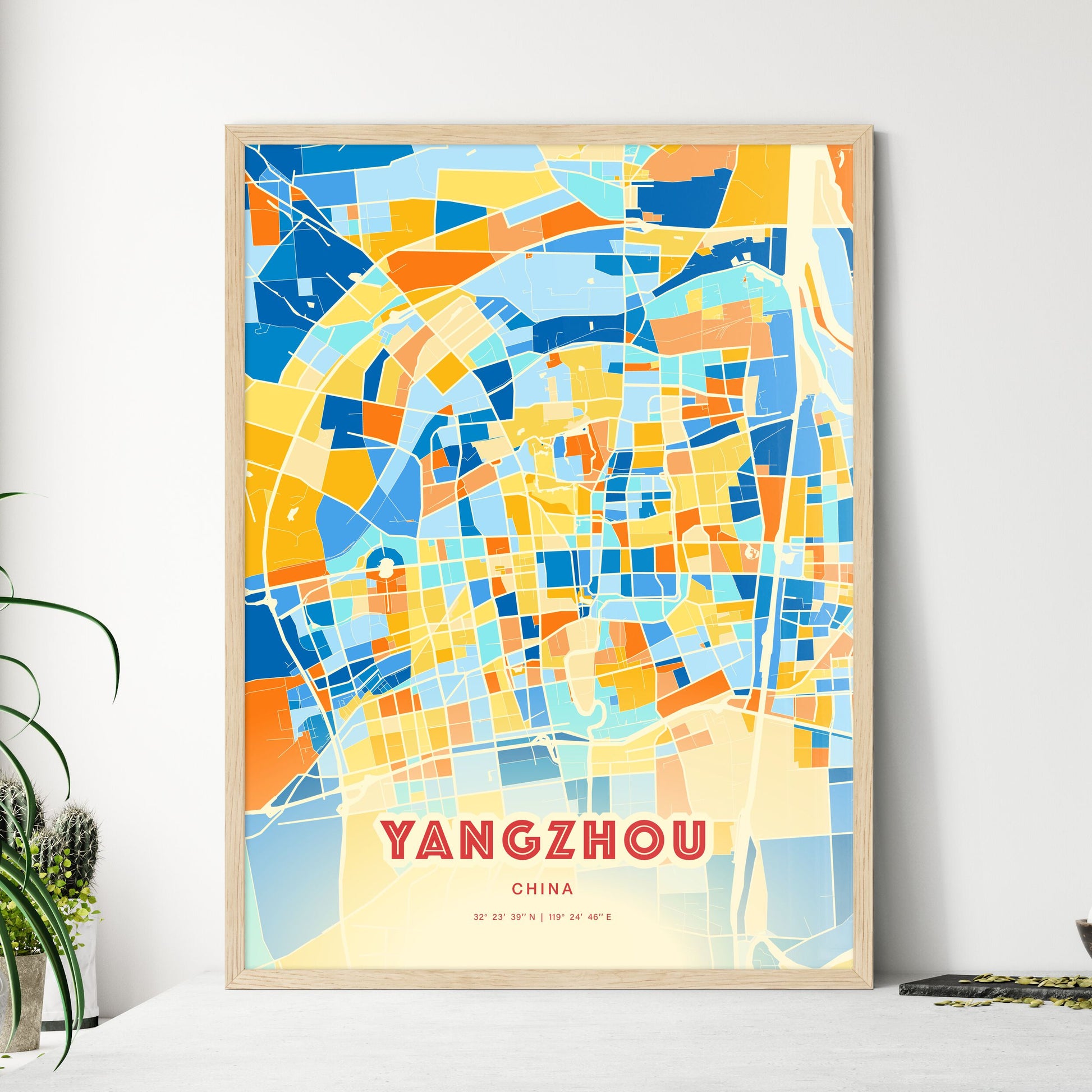 Colorful YANGZHOU CHINA Fine Art Map Blue Orange