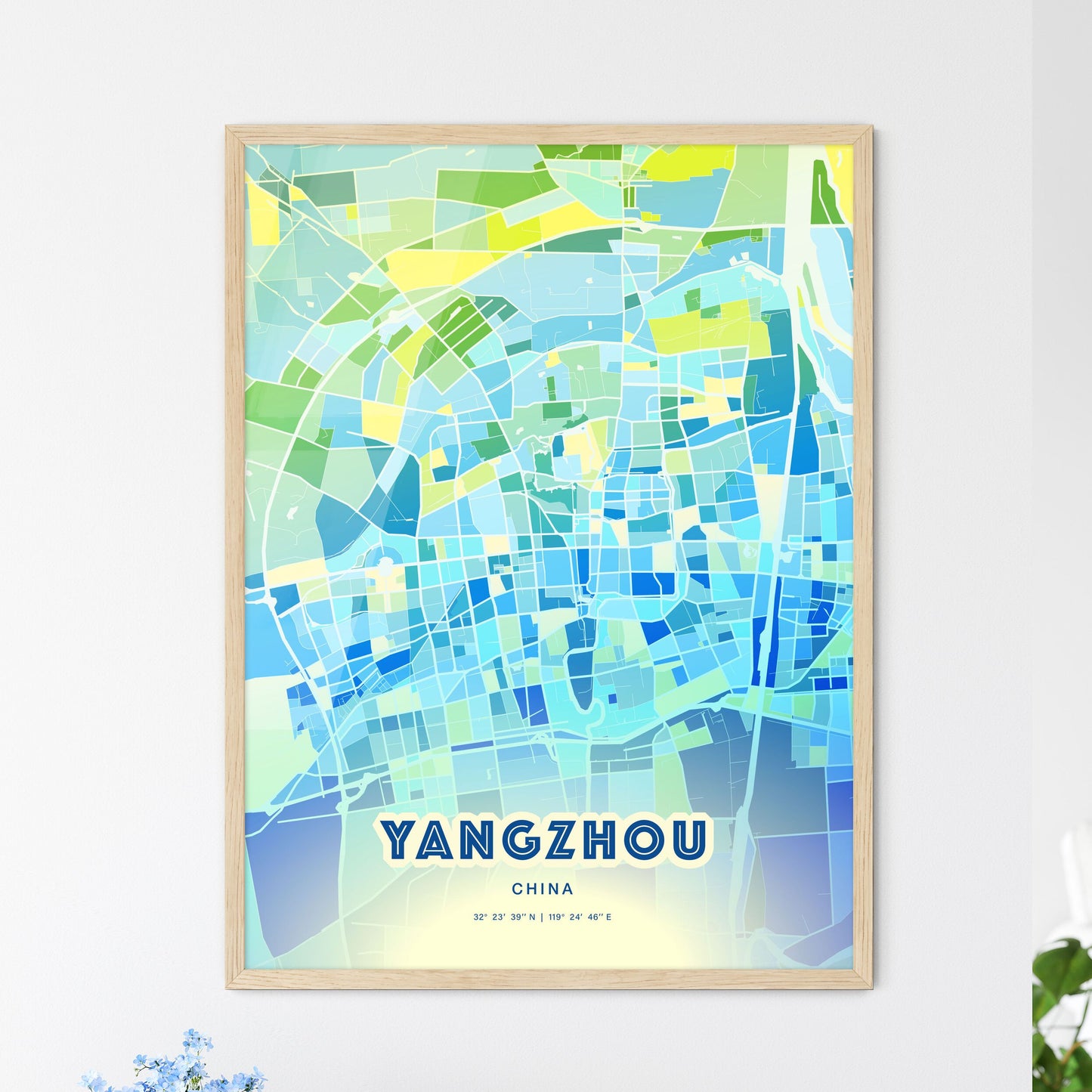 Colorful YANGZHOU CHINA Fine Art Map Cool Blue