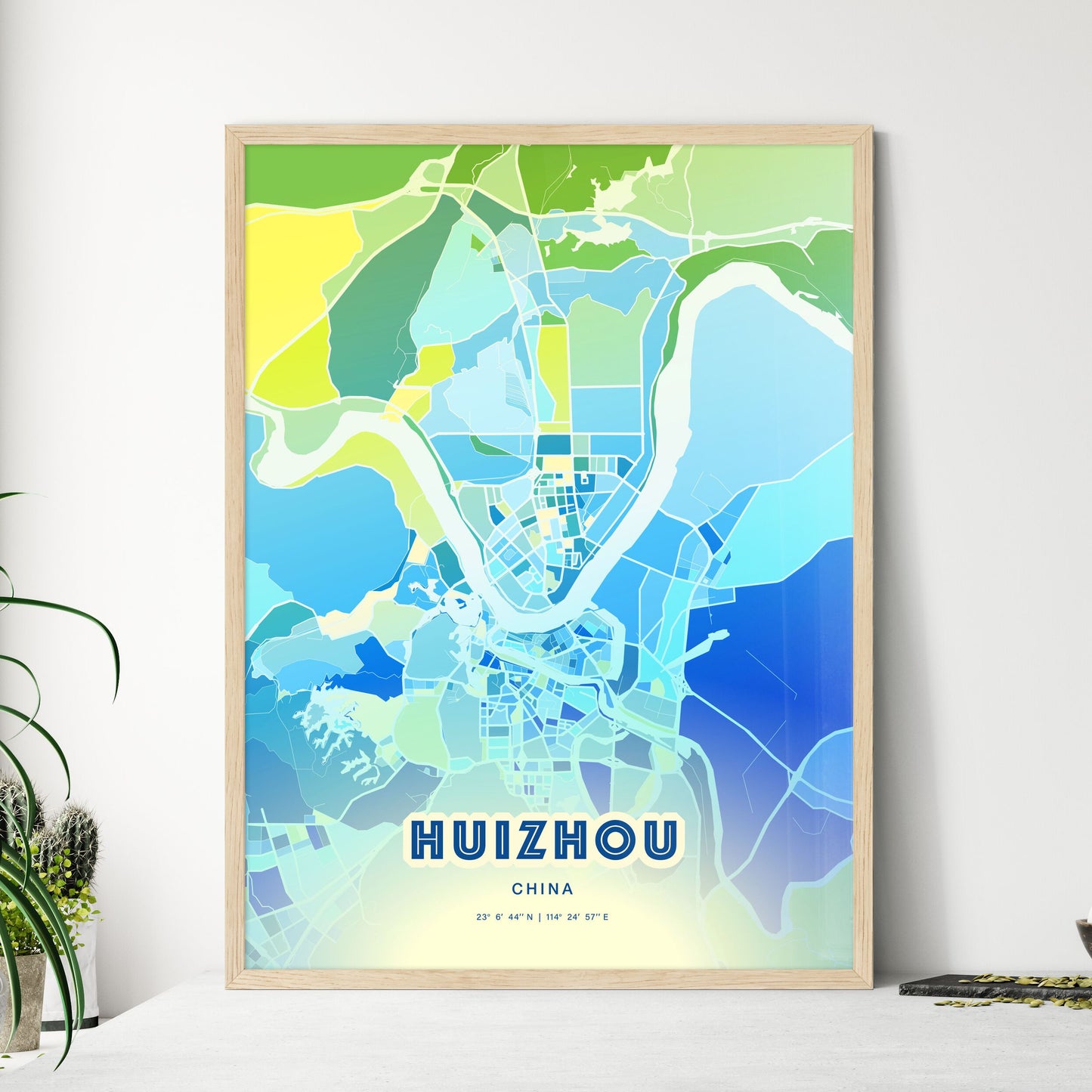 Colorful HUIZHOU CHINA Fine Art Map Cool Blue