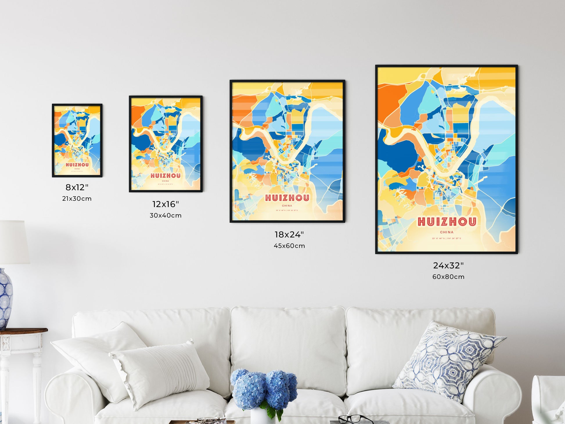 Colorful HUIZHOU CHINA Fine Art Map Blue Orange