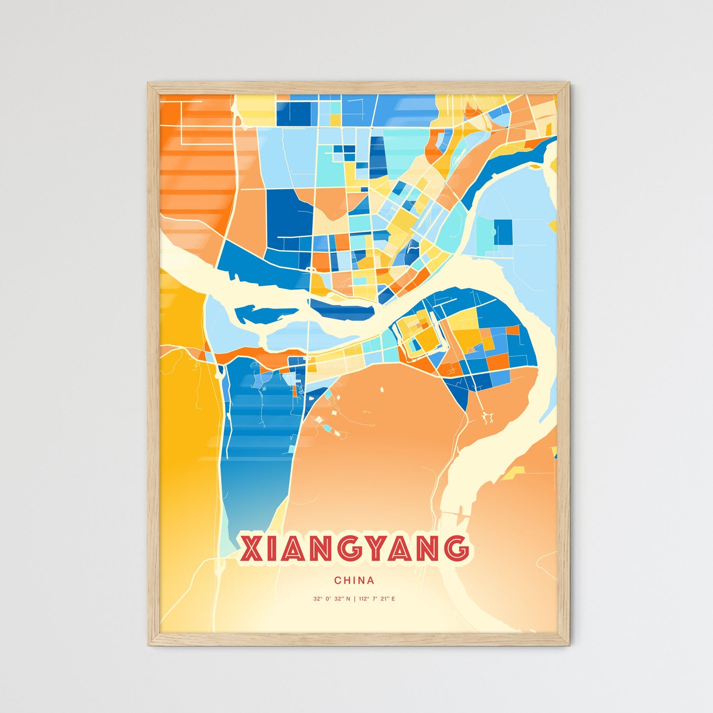 Colorful XIANGYANG CHINA Fine Art Map Blue Orange