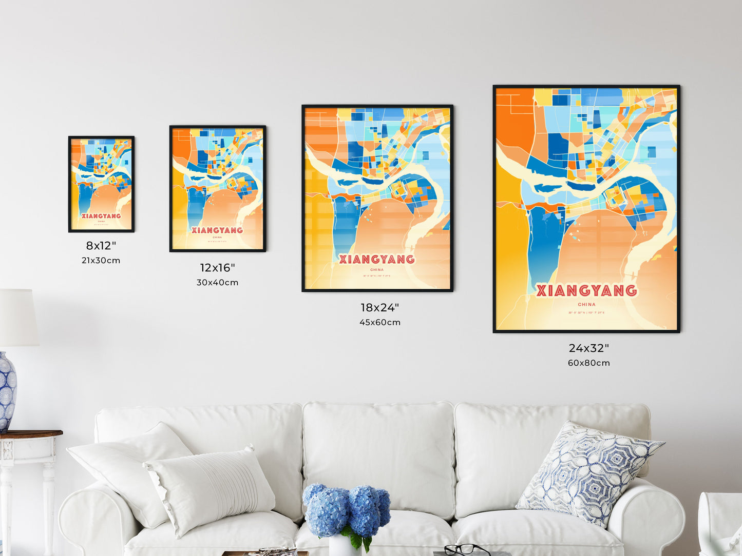 Colorful XIANGYANG CHINA Fine Art Map Blue Orange