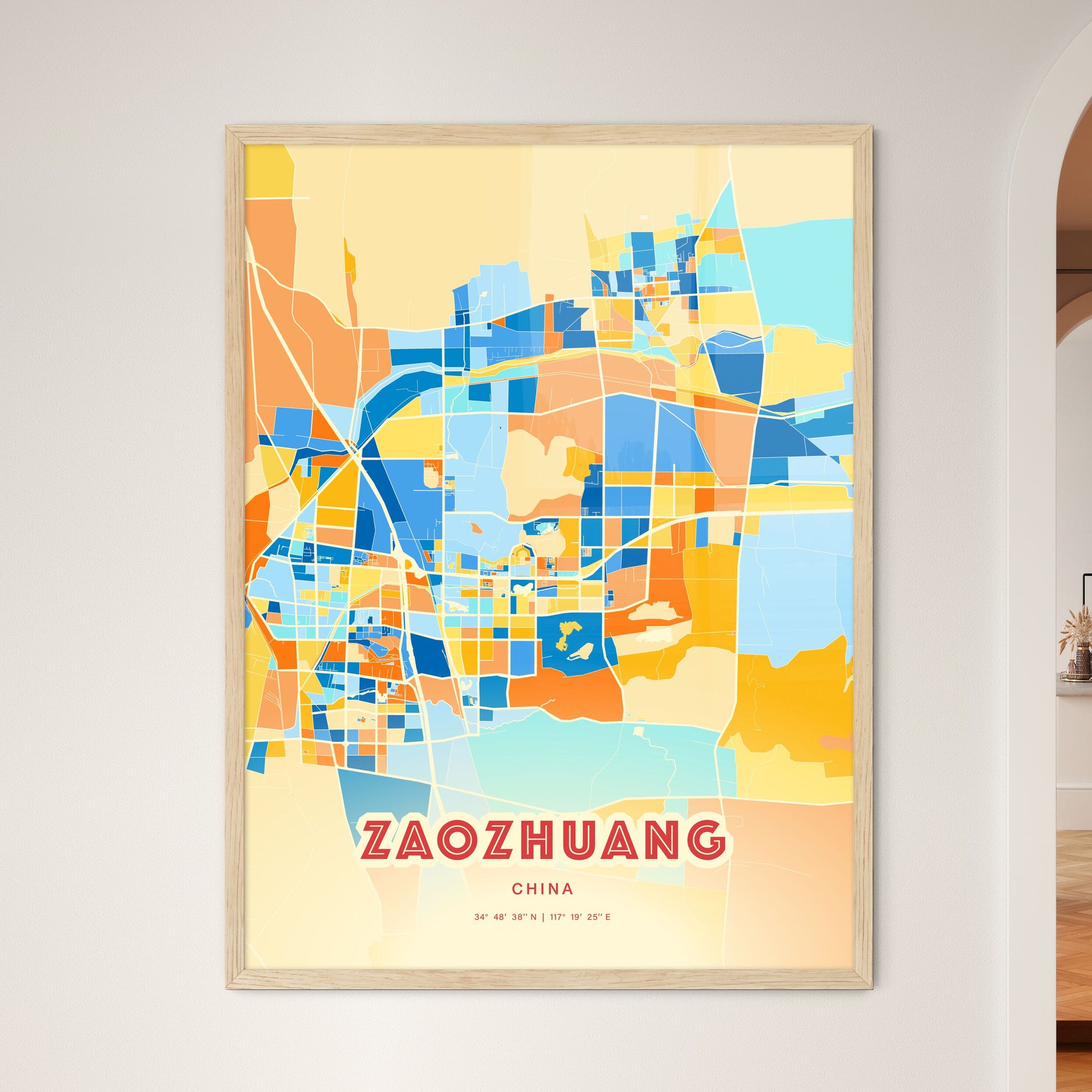 Colorful ZAOZHUANG CHINA Fine Art Map Blue Orange