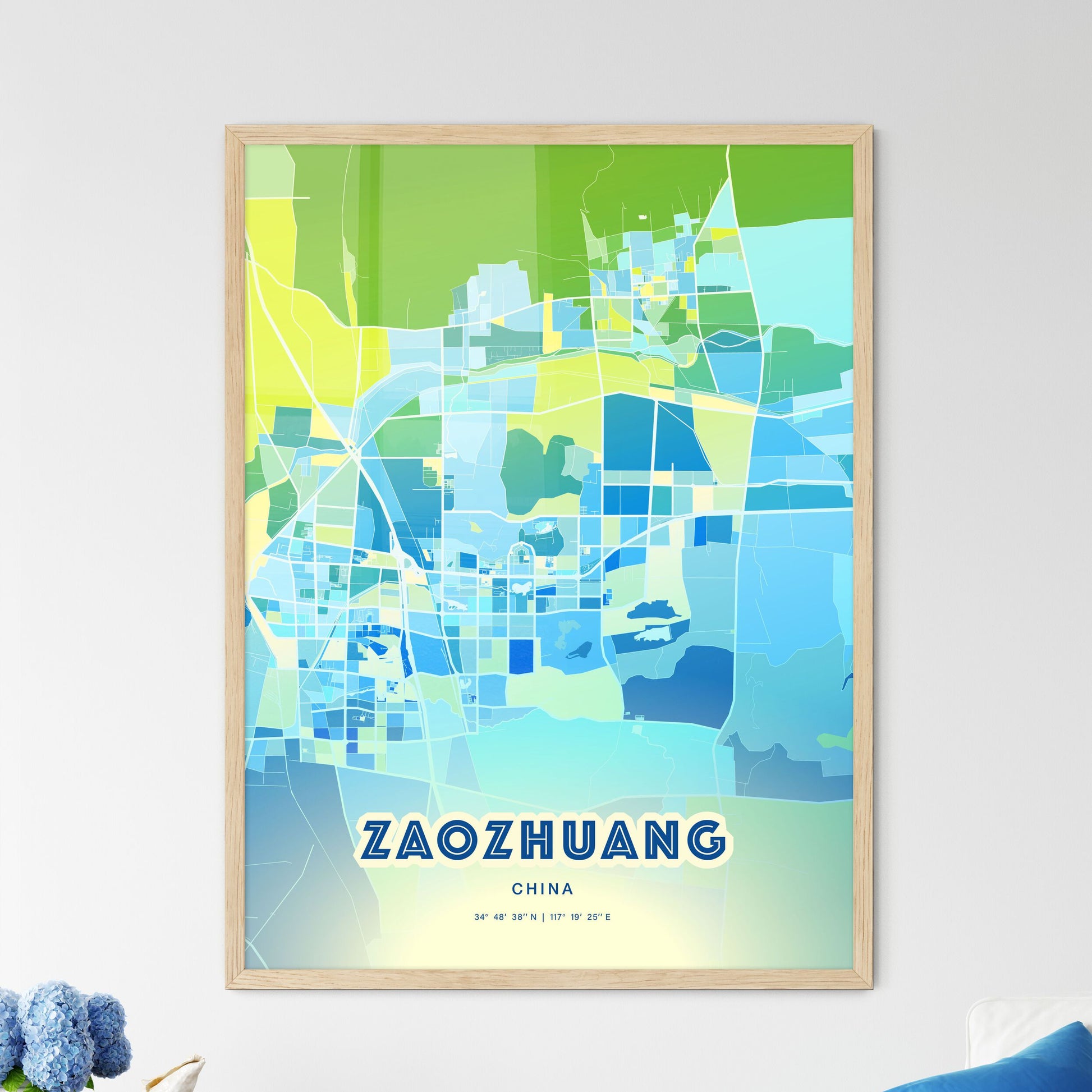 Colorful ZAOZHUANG CHINA Fine Art Map Cool Blue