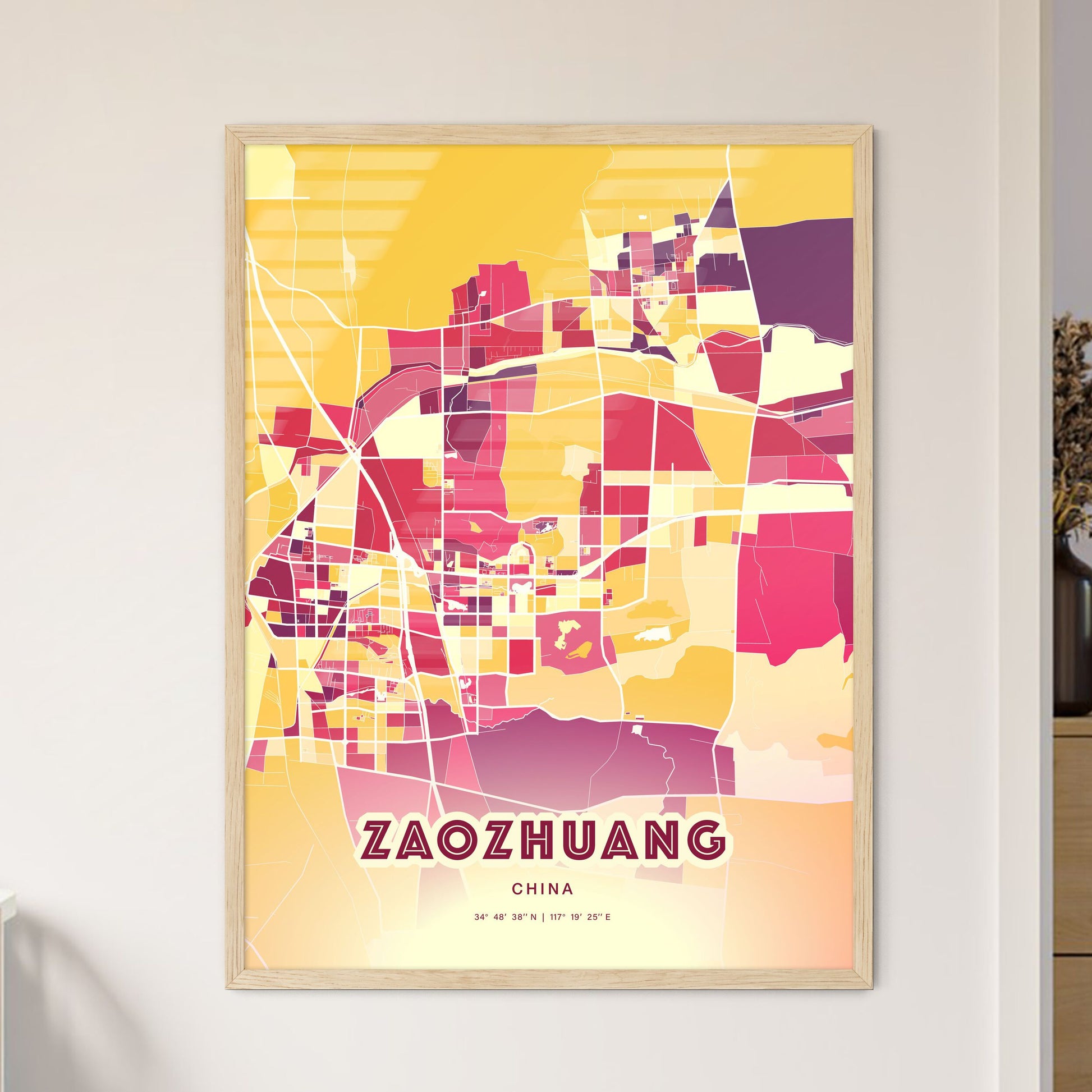 Colorful ZAOZHUANG CHINA Fine Art Map Hot Red