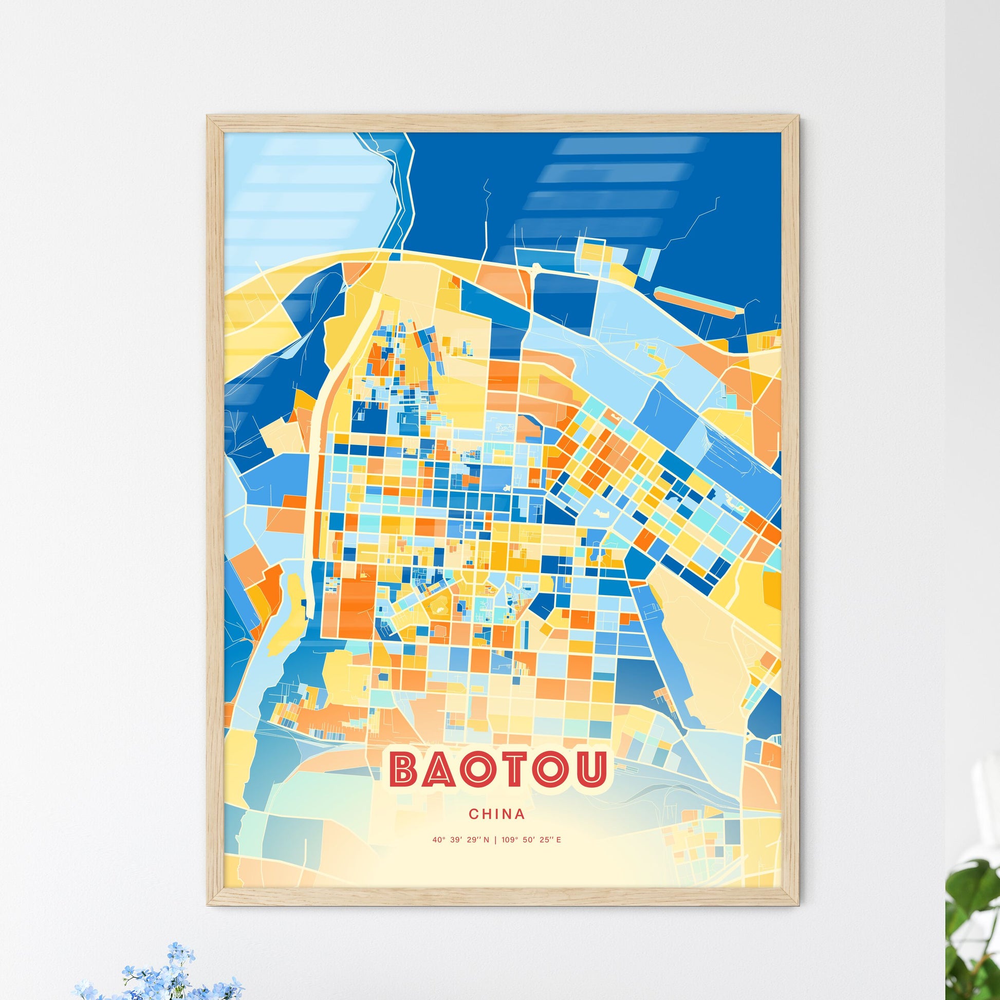 Colorful BAOTOU CHINA Fine Art Map Blue Orange