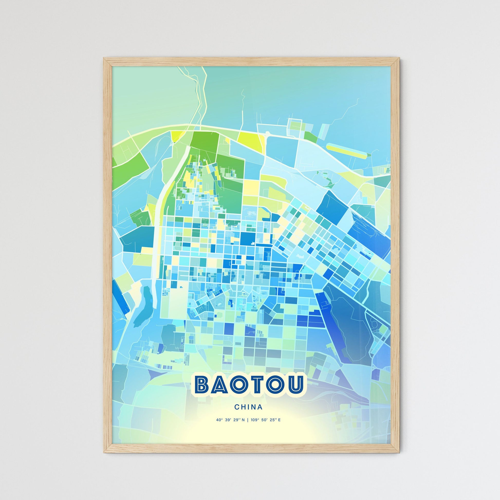 Colorful BAOTOU CHINA Fine Art Map Cool Blue