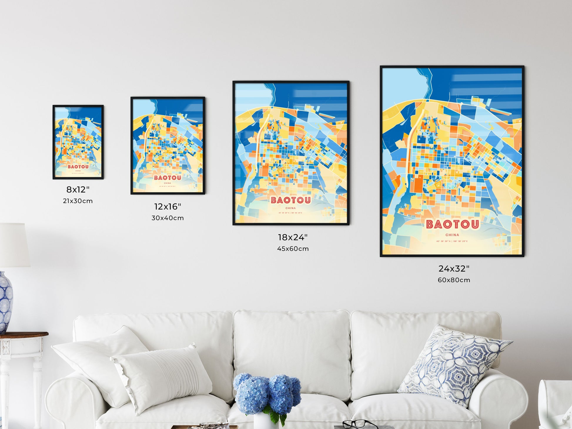 Colorful BAOTOU CHINA Fine Art Map Blue Orange