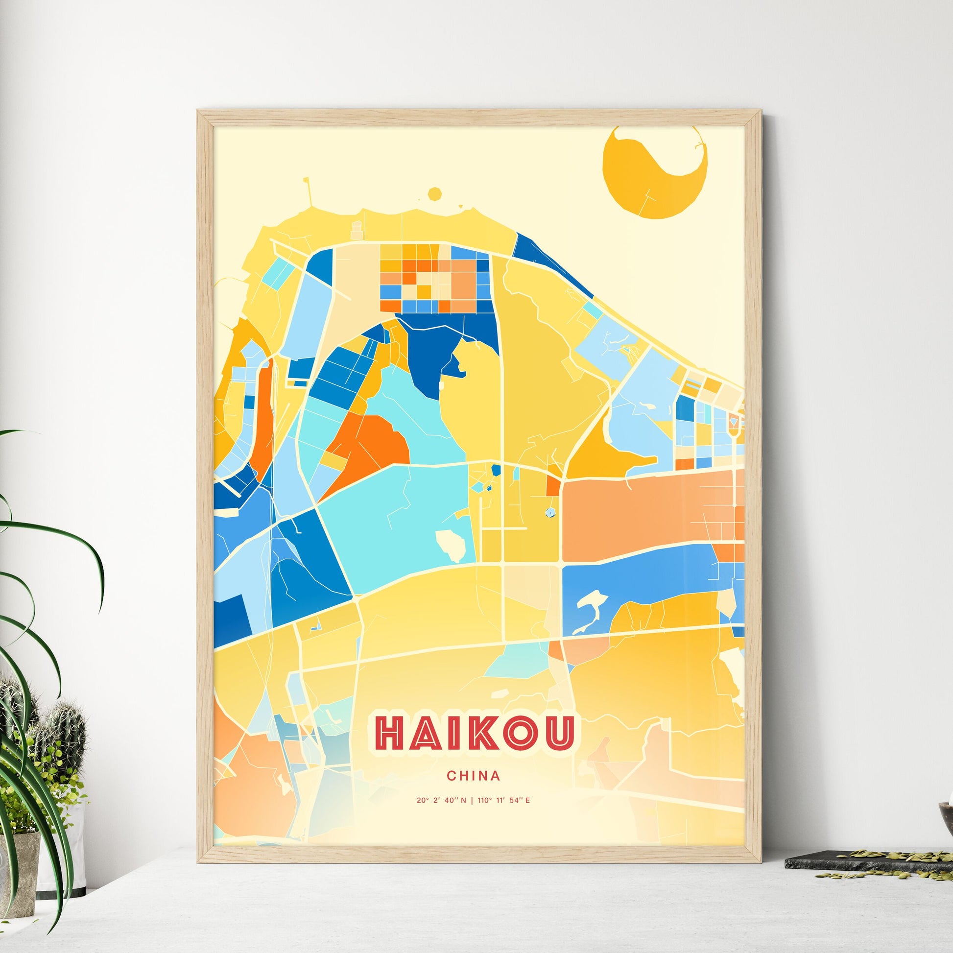 Colorful HAIKOU CHINA Fine Art Map Blue Orange