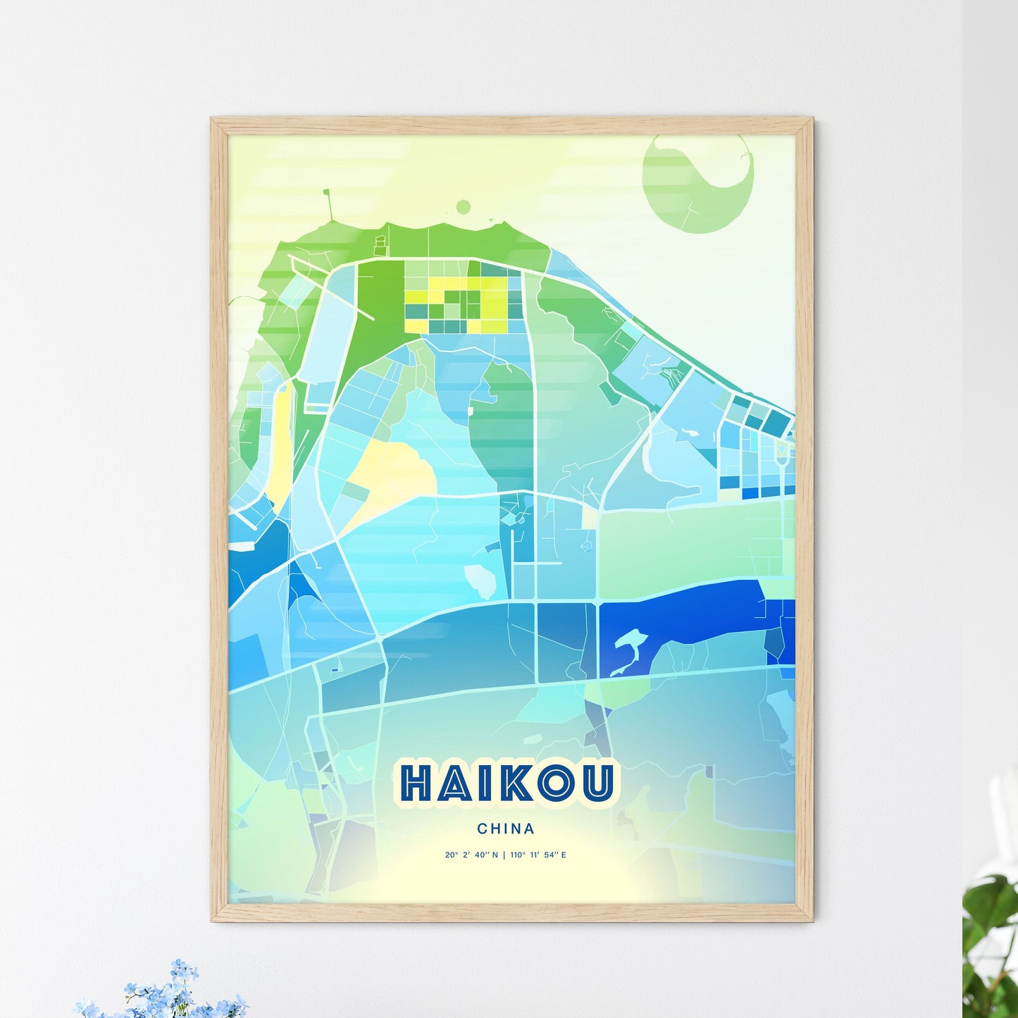 Colorful HAIKOU CHINA Fine Art Map Cool Blue