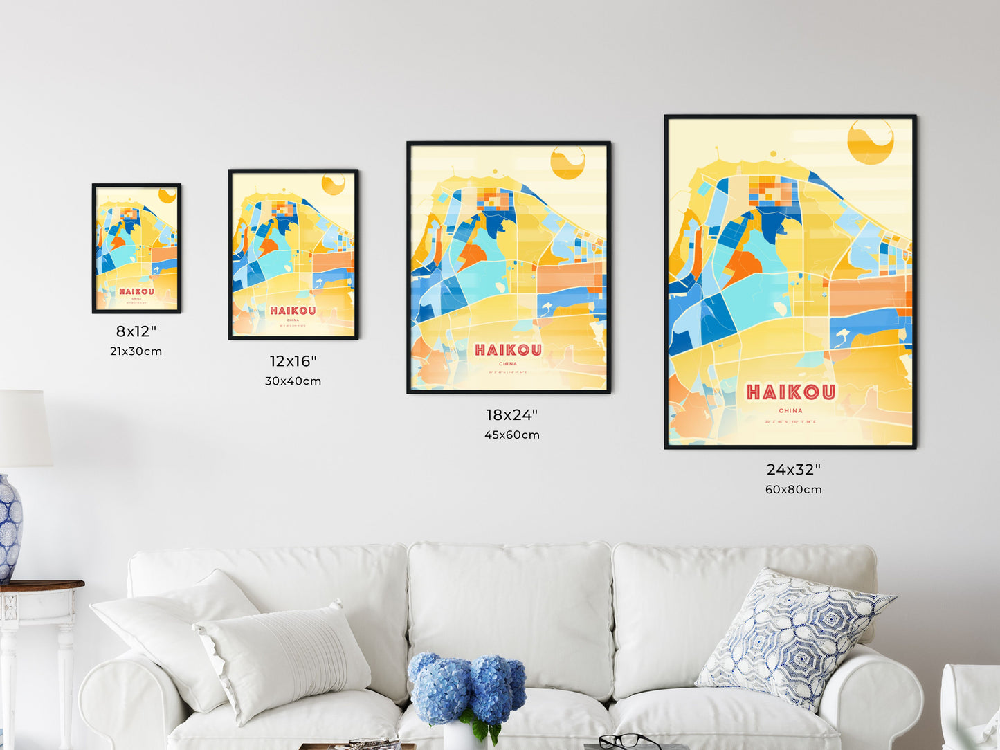 Colorful HAIKOU CHINA Fine Art Map Blue Orange