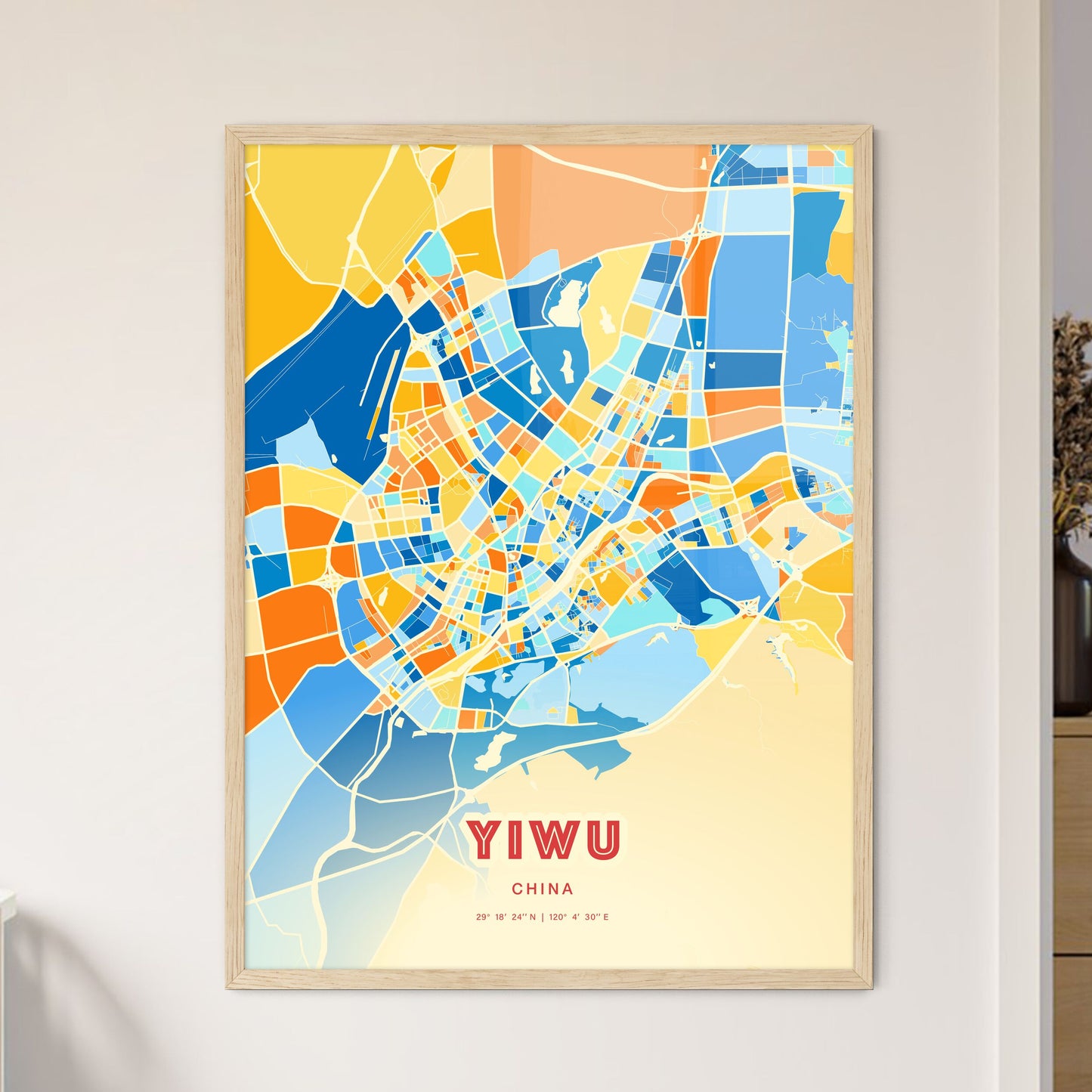 Colorful YIWU CHINA Fine Art Map Blue Orange