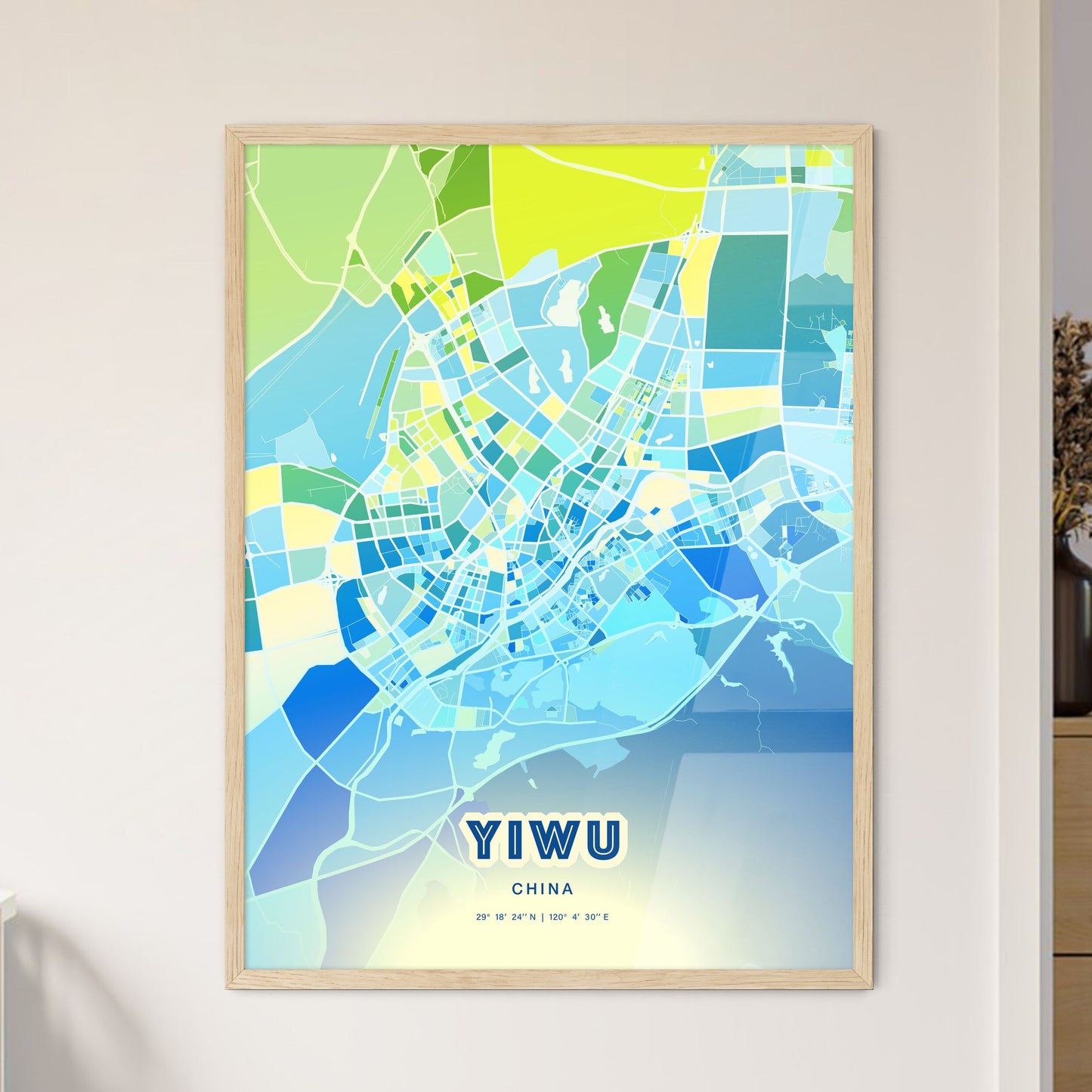 Colorful YIWU CHINA Fine Art Map Cool Blue