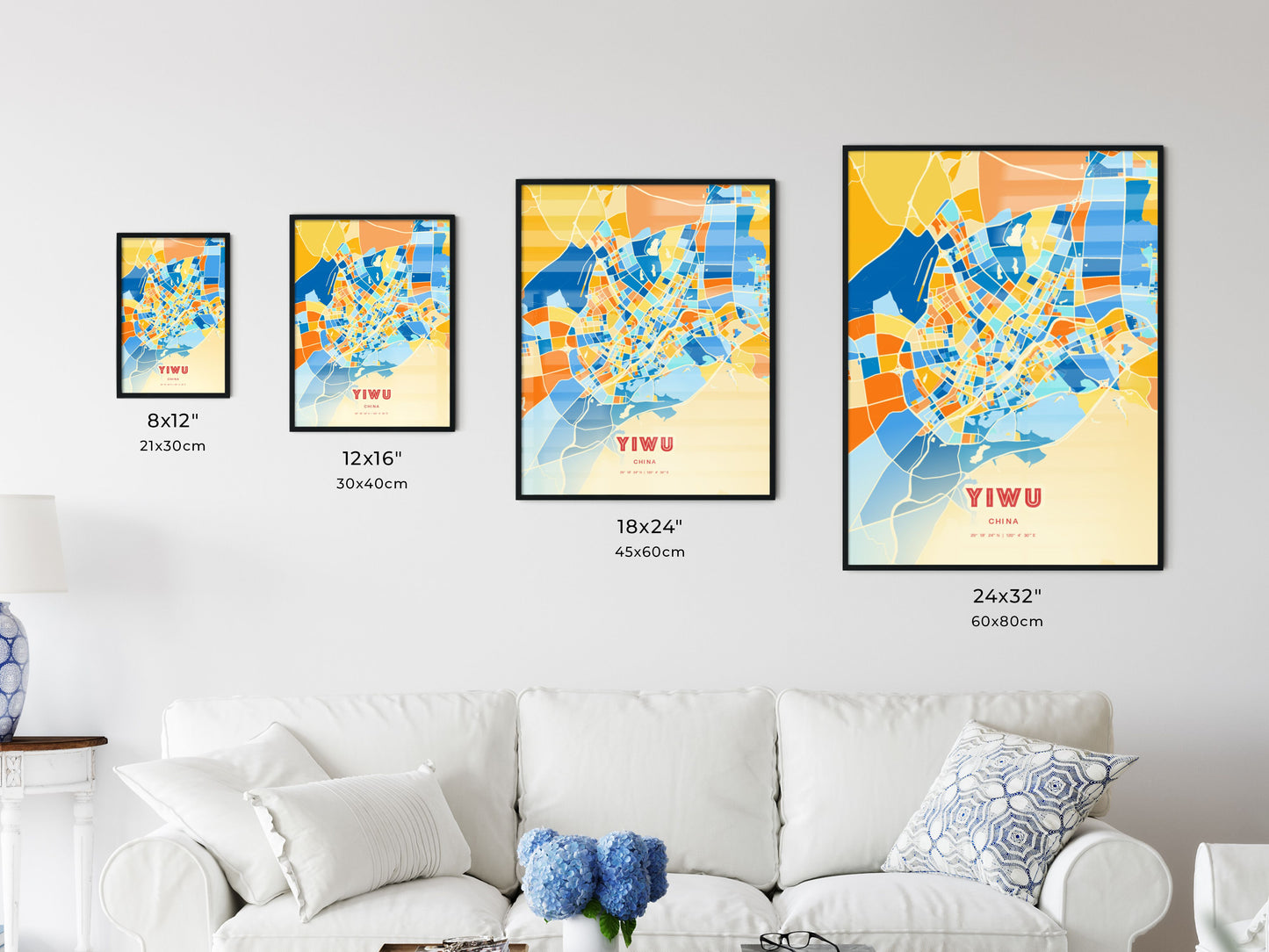 Colorful YIWU CHINA Fine Art Map Blue Orange